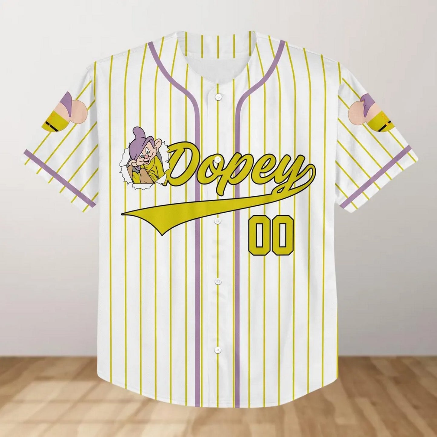 Custom Name And Number Disney Dopey Green Striped White Baseball Jersey