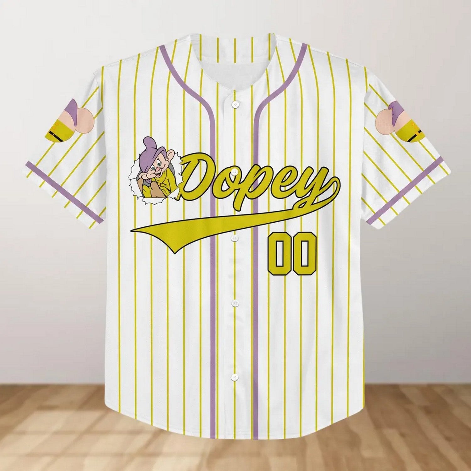 Custom Name And Number Disney Dopey Green Striped White Baseball Jersey