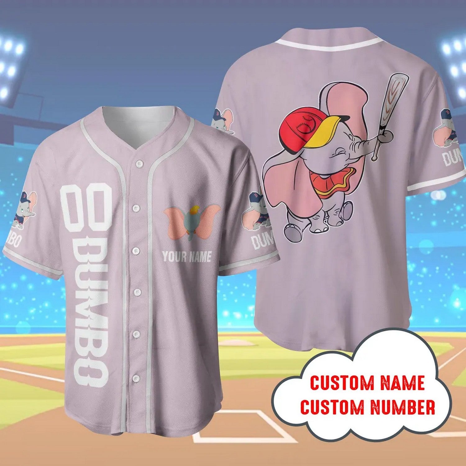 Custom Name And Number Disney Dumbo Elephant Purple Baseball Jersey