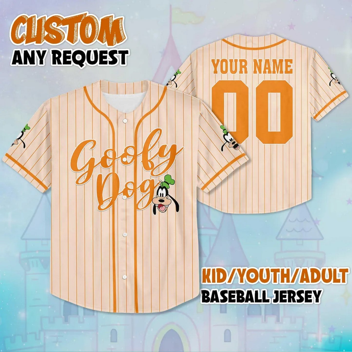 Custom Name And Number Disney Goofy Dog Light Orange Striped Baseball Jersey