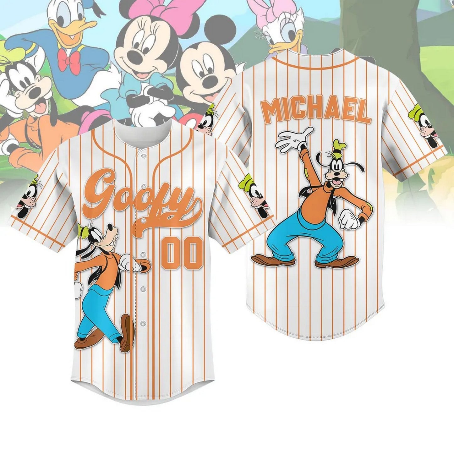 Custom Name And Number Disney Goofy Dog Striped Line White Baseball Jersey