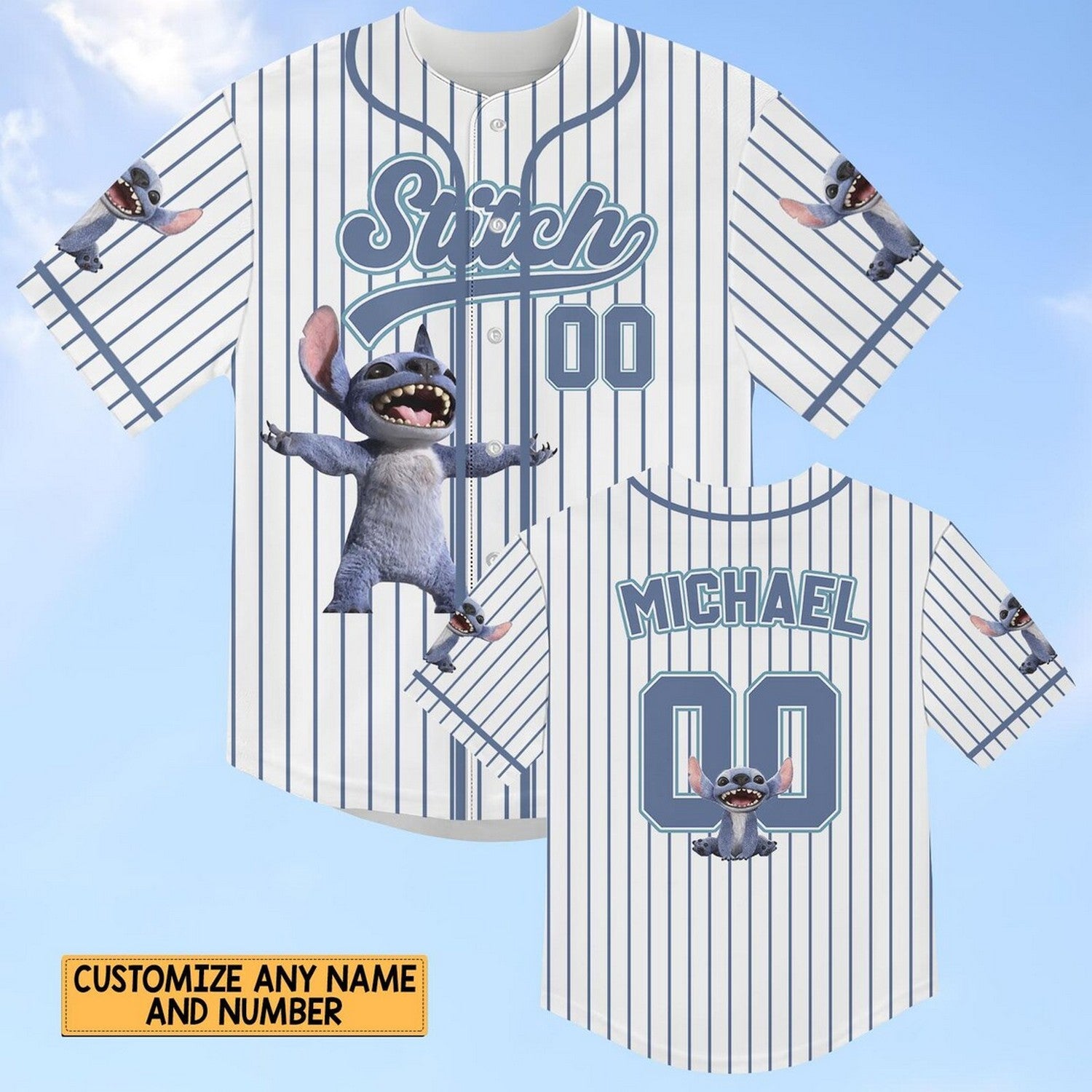 Custom Name And Number Disney Happy Stitch Striped White Baseball Jersey