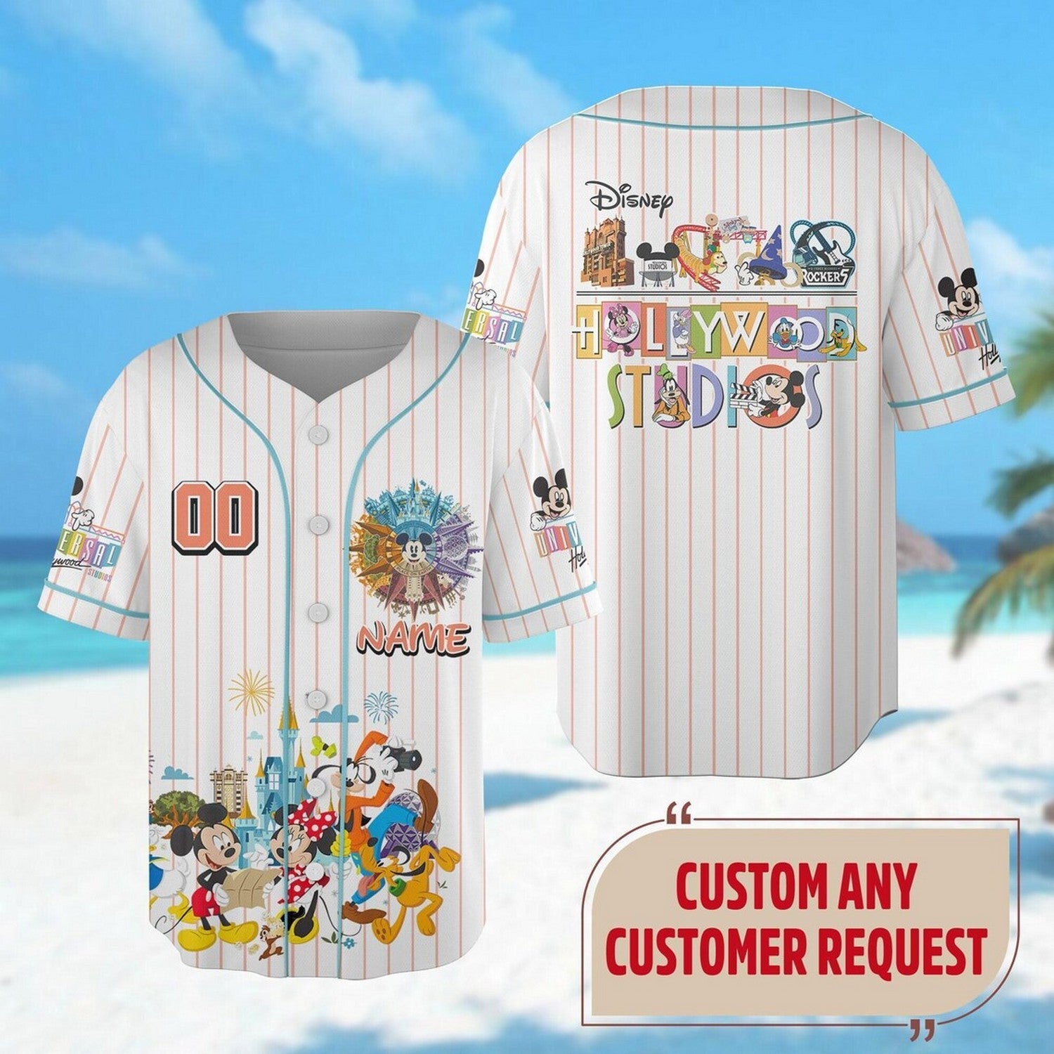 Custom Name And Number Disney Holliwood Studio Striped White Baseball Jersey