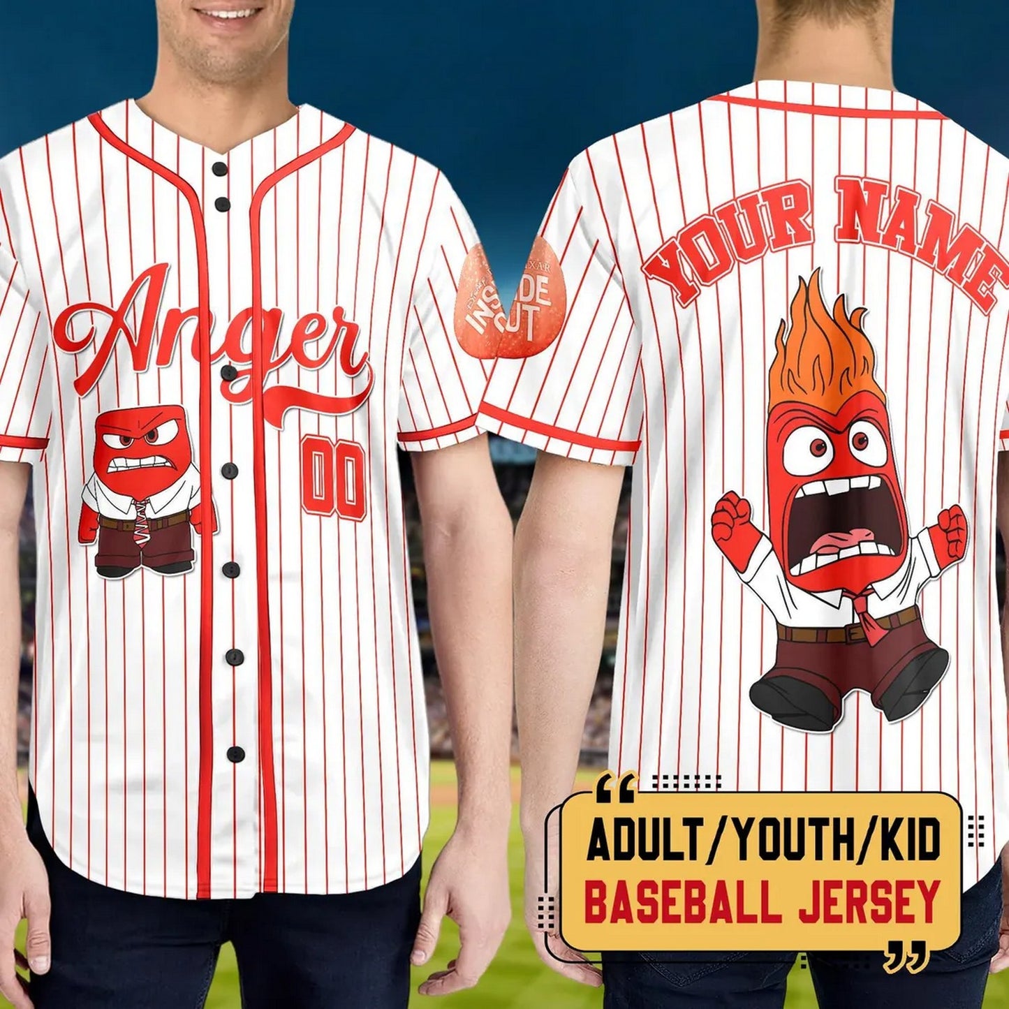 Custom Name And Number Disney Inside Out Anger Strpied White Baseball Jersey