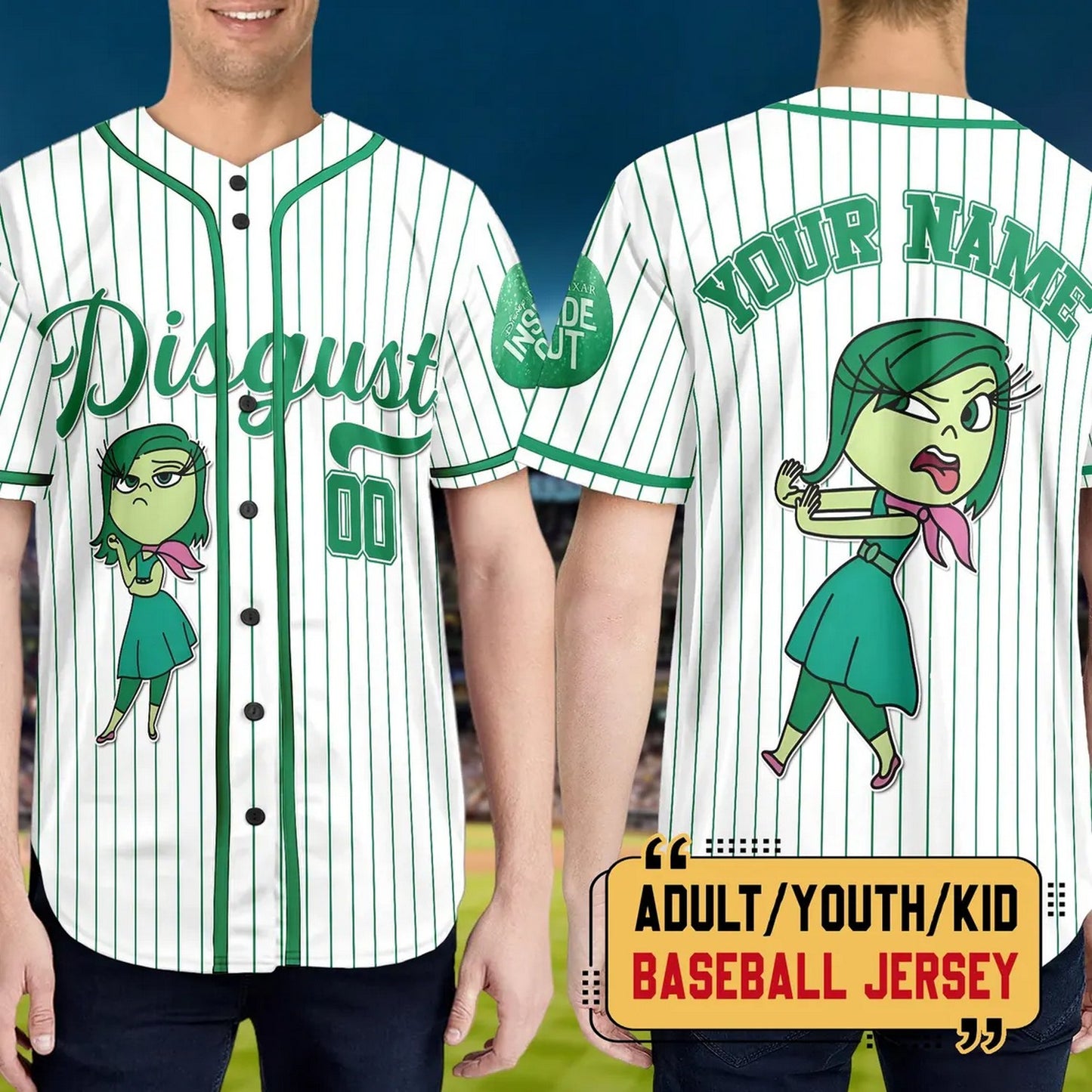 Custom Name And Number Disney Inside Out Disgust Baseball Jersey