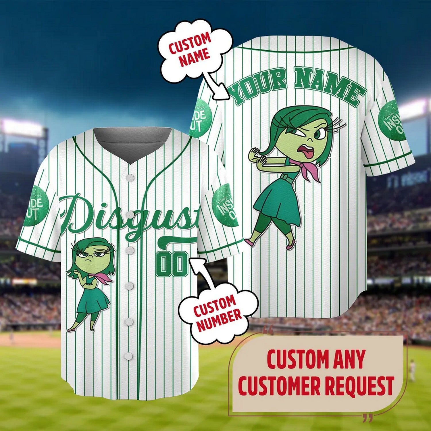 Custom Name And Number Disney Inside Out Disgust Baseball Jersey