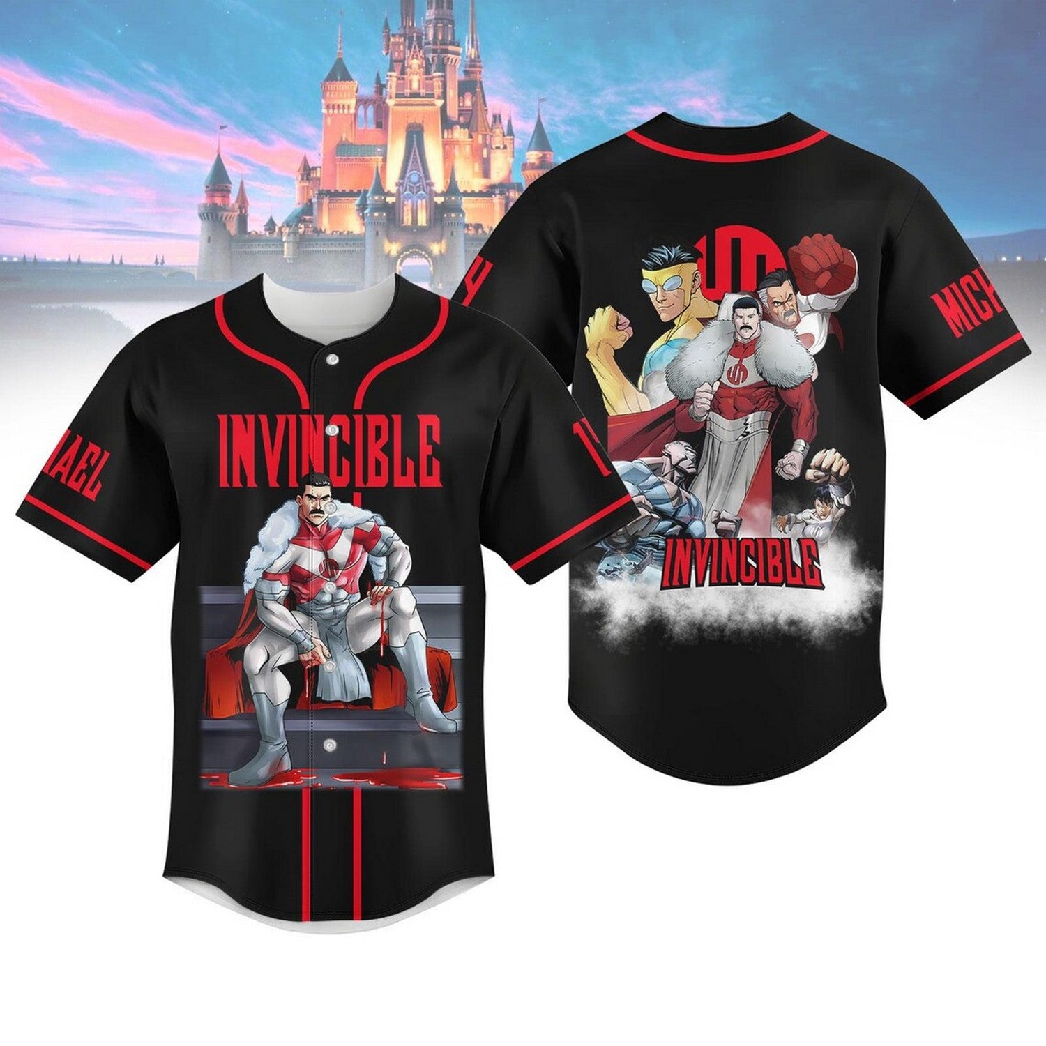 Custom Name And Number Disney Invincible Vs Omni Man Black Baseball Jersey