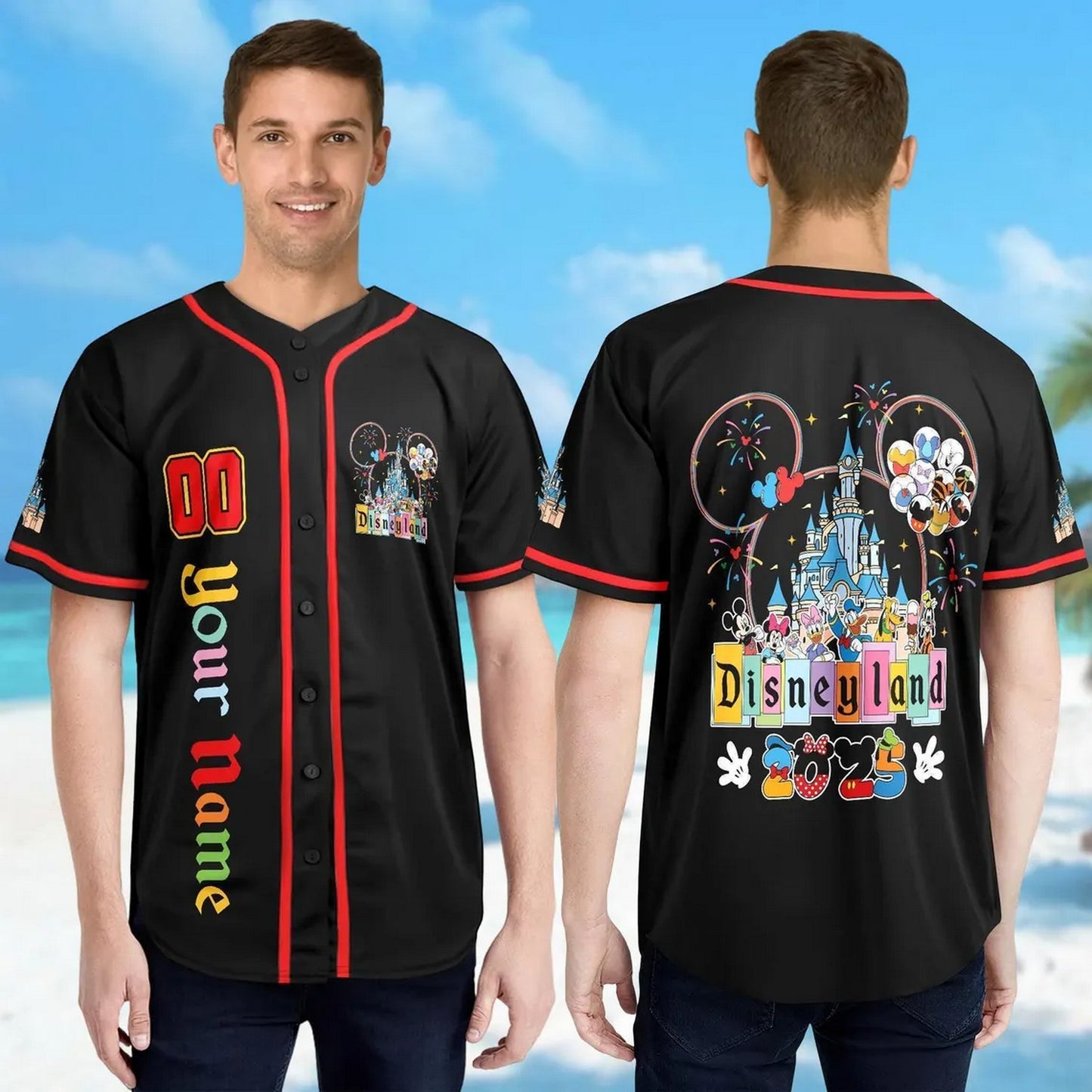Custom Name And Number Disney Land 2025 Characters Black Baseball Jersey