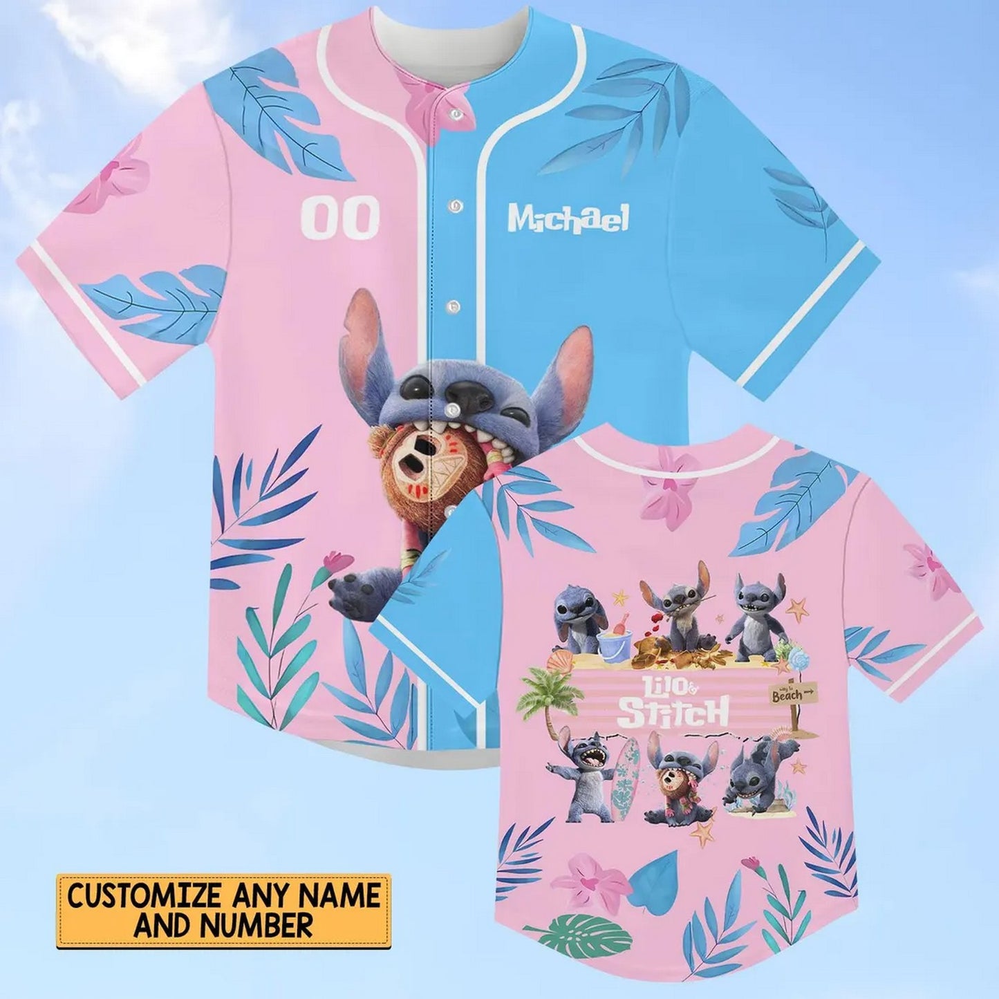 Custom Name And Number Disney Lilo And Stitch 2025 Blue Pink Summer Baseball Jersey
