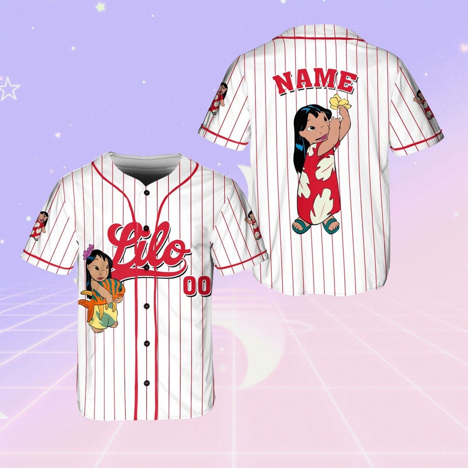 Custom Name And Number Disney Lilo And Stitch Cute Lilo Striped White Baseball Jersey