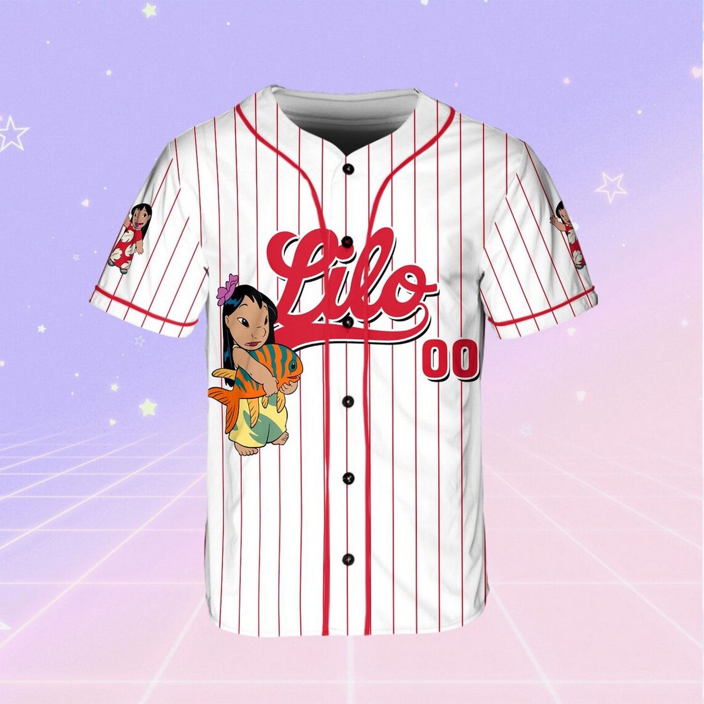 Custom Name And Number Disney Lilo And Stitch Cute Lilo Striped White Baseball Jersey