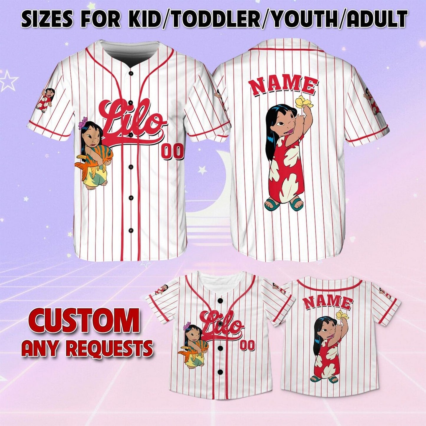 Custom Name And Number Disney Lilo And Stitch Cute Lilo Striped White Baseball Jersey