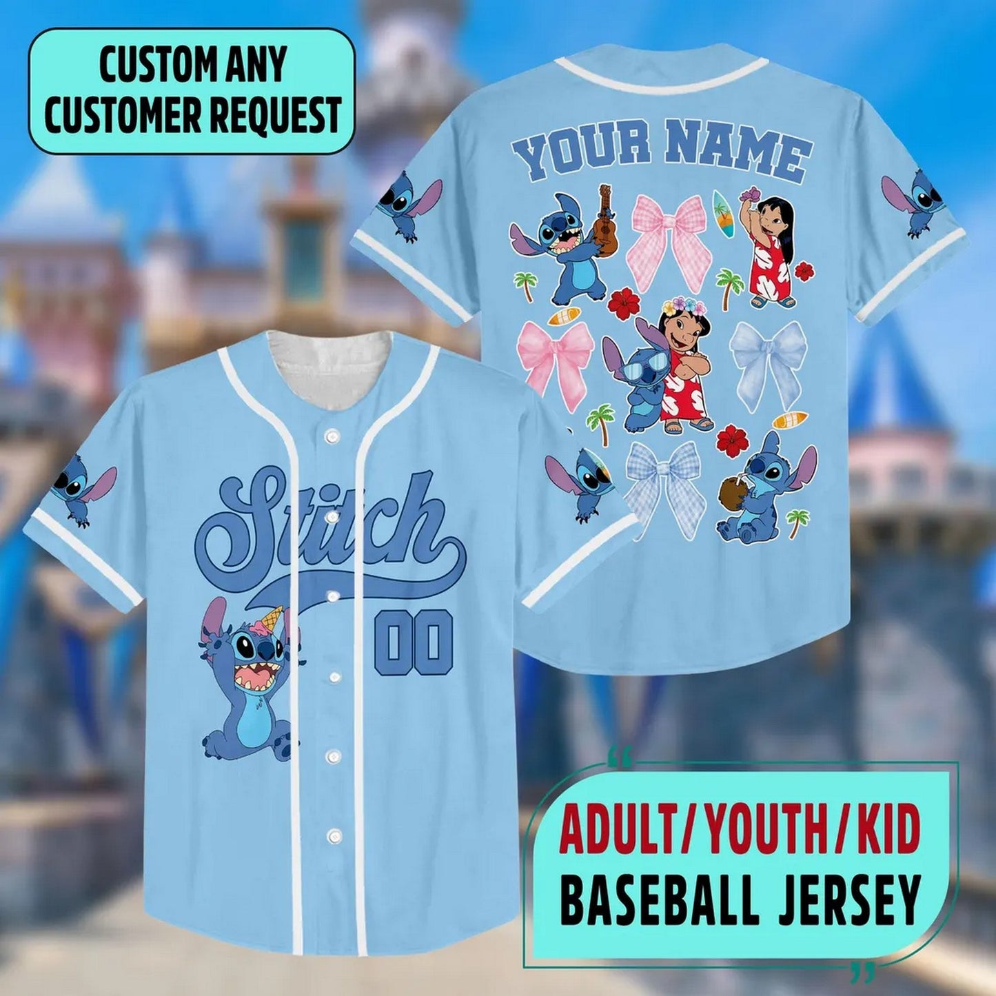 Custom Name And Number Disney Lilo Stitch And Bow Tie Blue Baseball Jersey