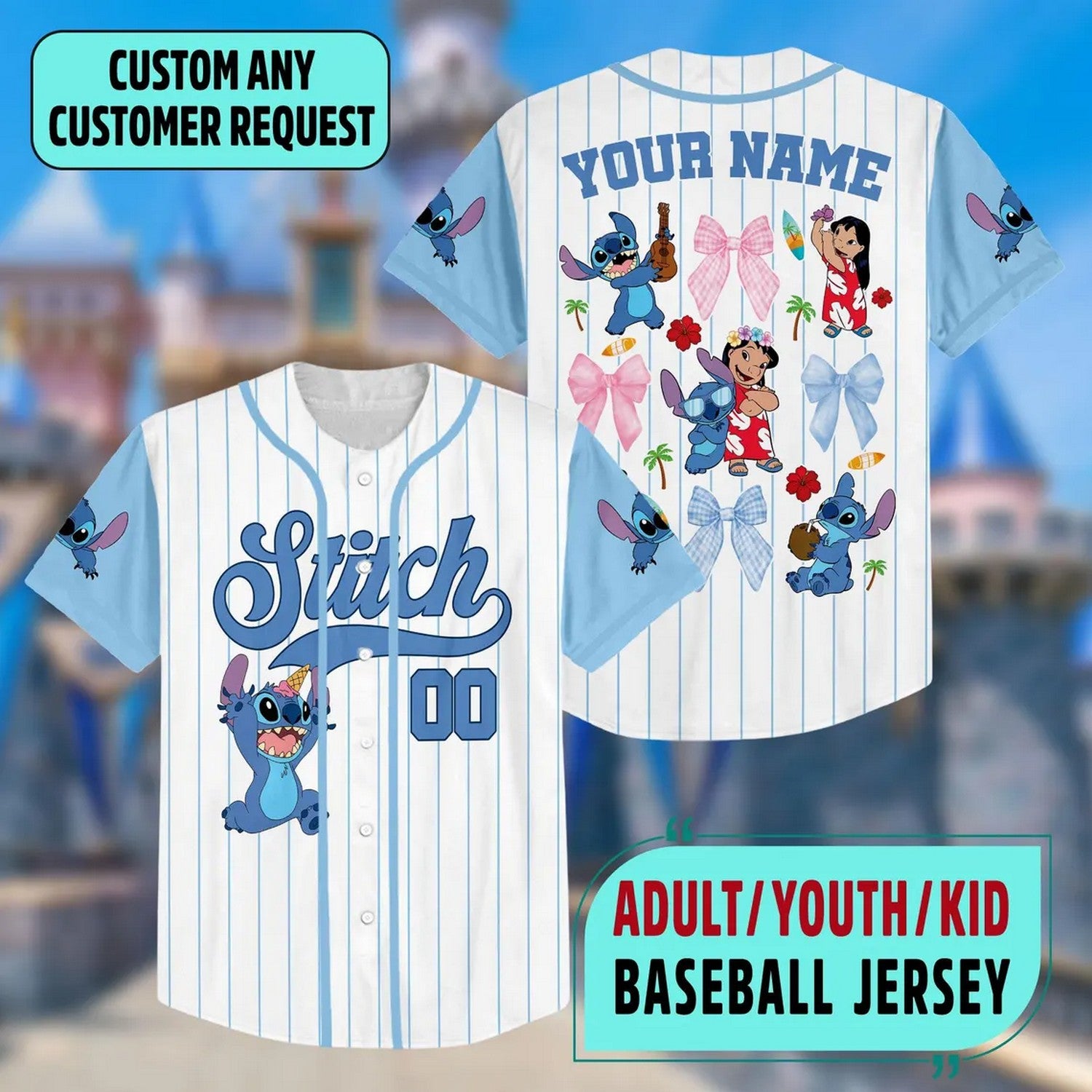 Custom Name And Number Disney Lilo Stitch And Bow Tie Striped Blue And White Baseball Jersey