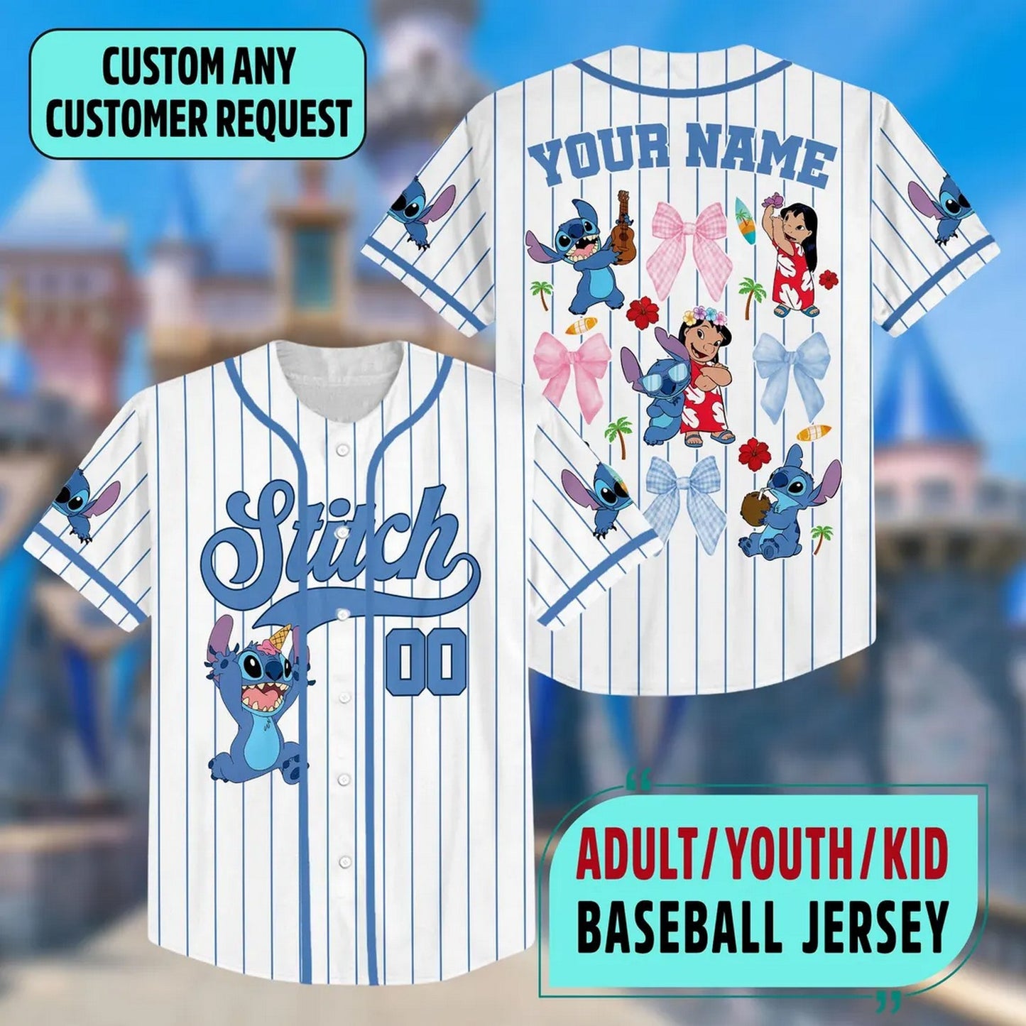 Custom Name And Number Disney Lilo Stitch And Bow Tie Striped White Baseball Jersey