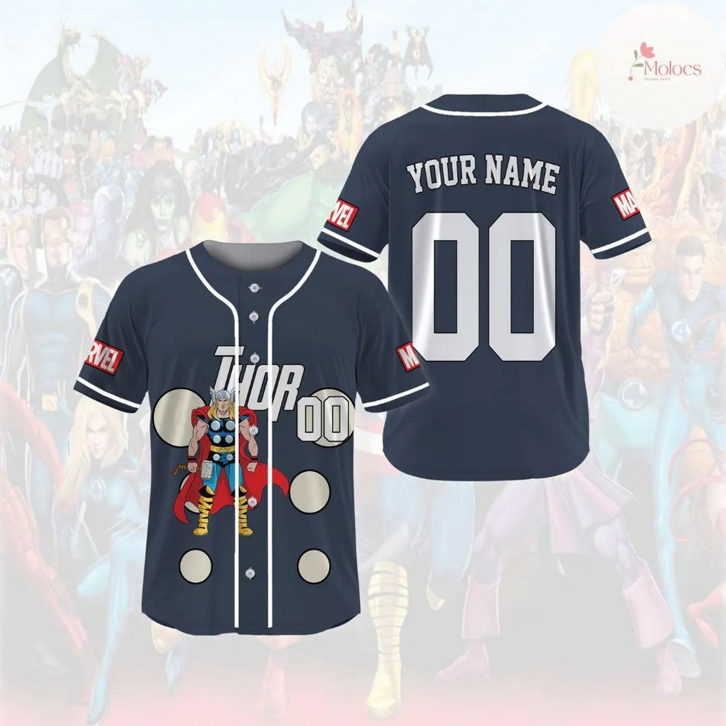Custom Name And Number Disney Marvel Avengers Thor Dark Blue Baseball Jersey