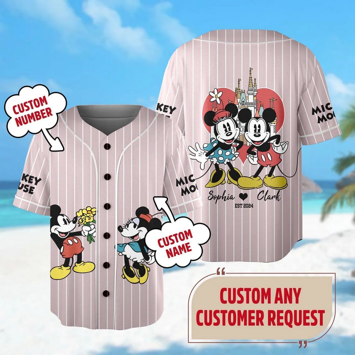 Custom Name And Number Disney Mickey And Minnie Striped Line Baseball Jersey