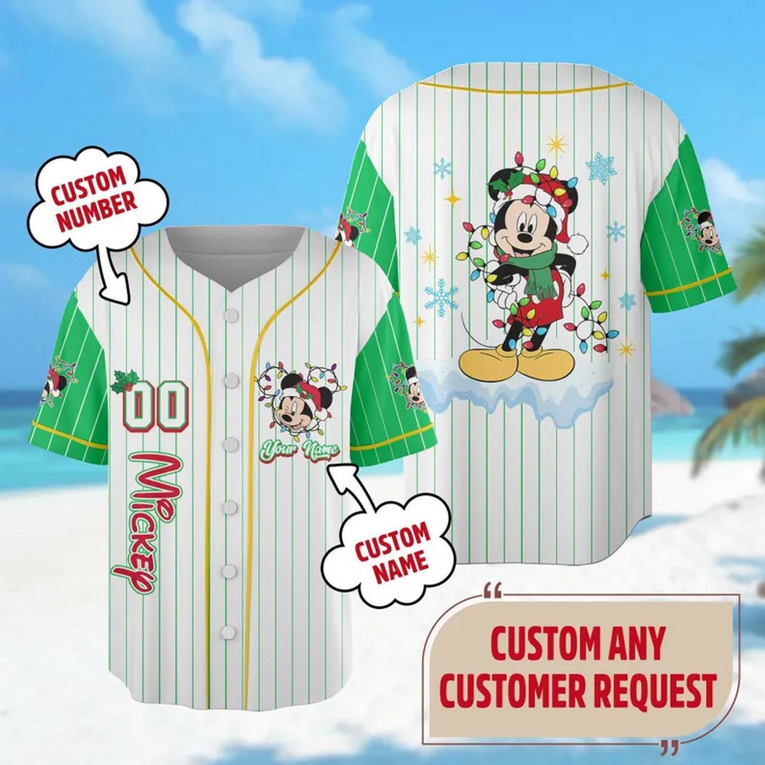 Custom Name And Number Disney Mickey Mouse Christmas Green Baseball Jersey