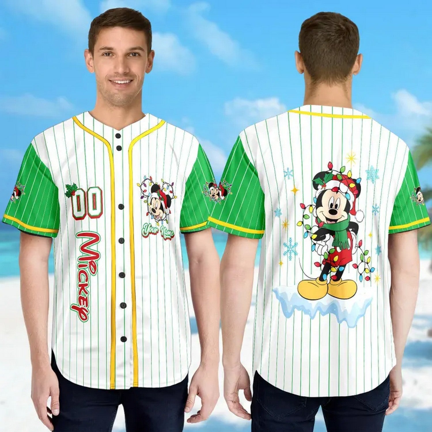 Custom Name And Number Disney Mickey Mouse Christmas Green Baseball Jersey