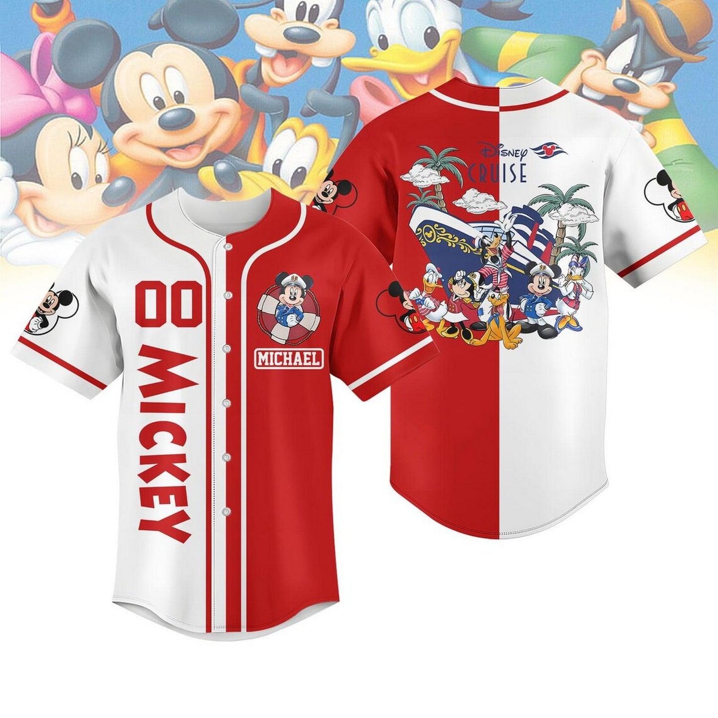 Custom Name And Number Disney Mickey Mouse Cruise Red White Baseball Jersey