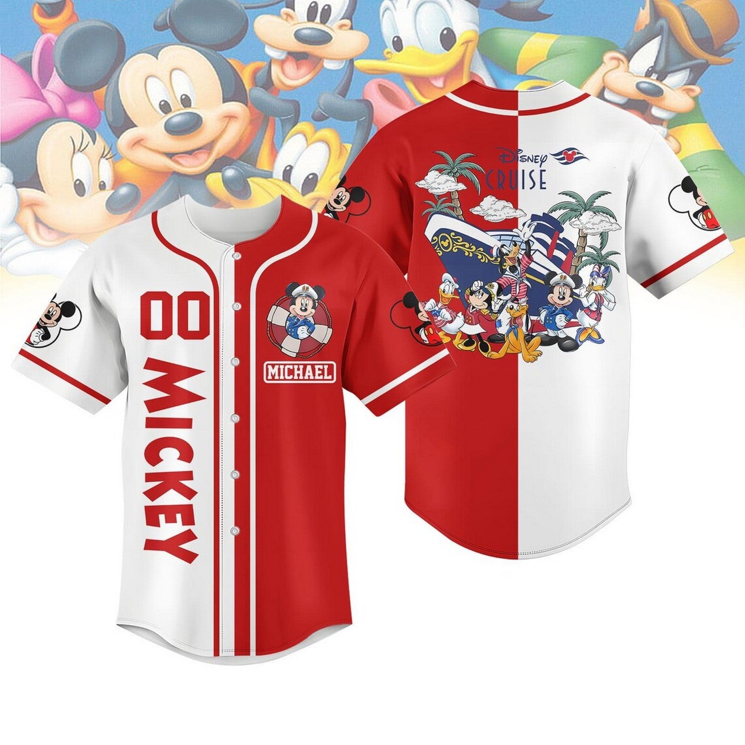 Custom Name And Number Disney Mickey Mouse Cruise Red White Baseball Jersey