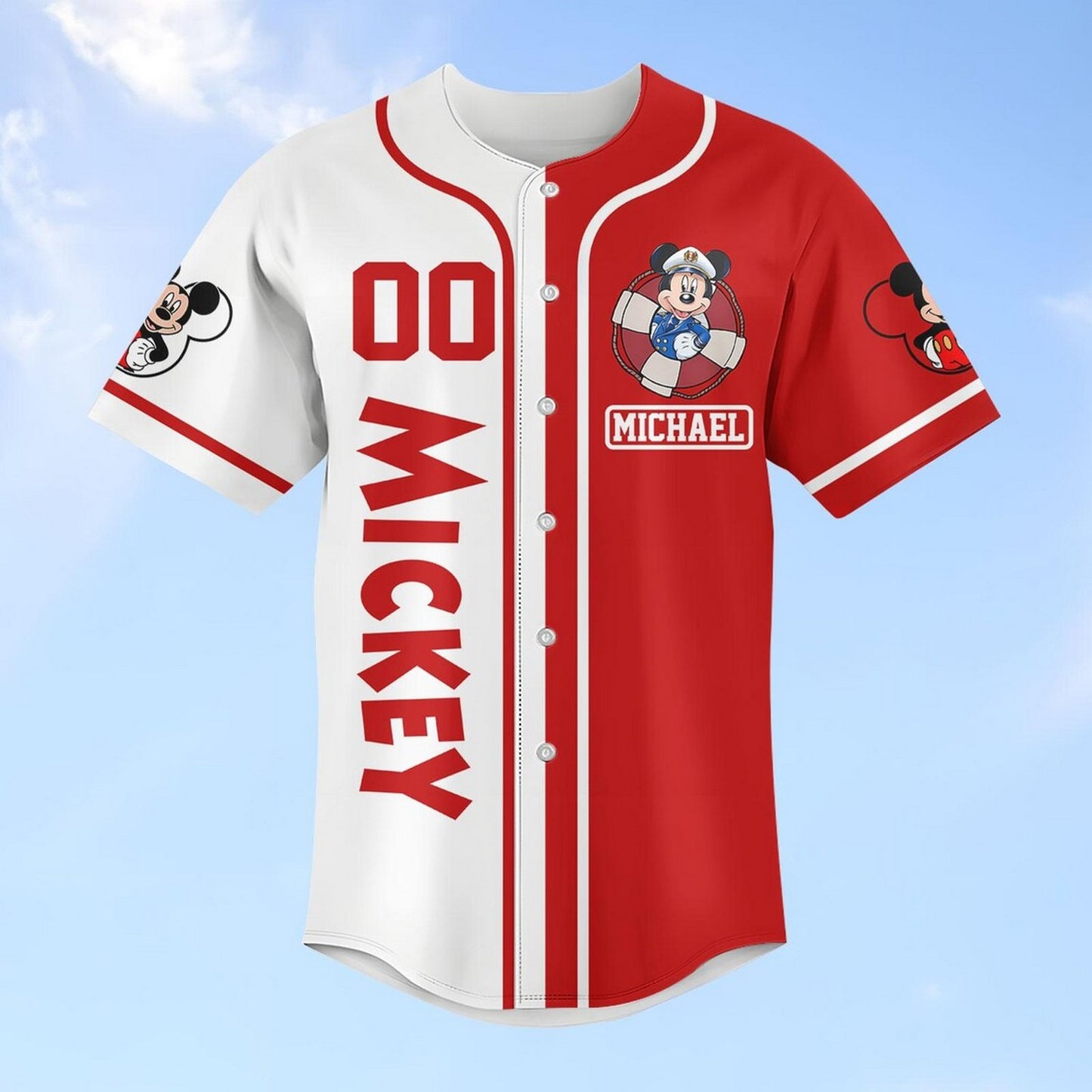 Custom Name And Number Disney Mickey Mouse Cruise Red White Baseball Jersey