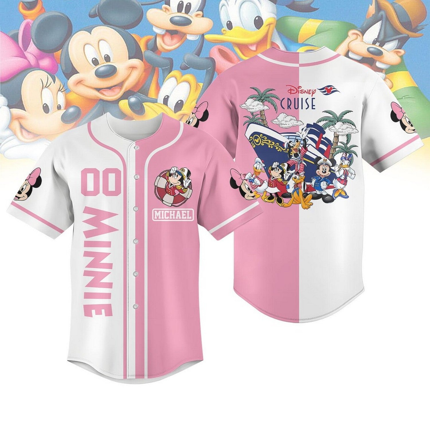 Custom Name And Number Disney Minne Mouse Cruise Pink White Baseball Jersey