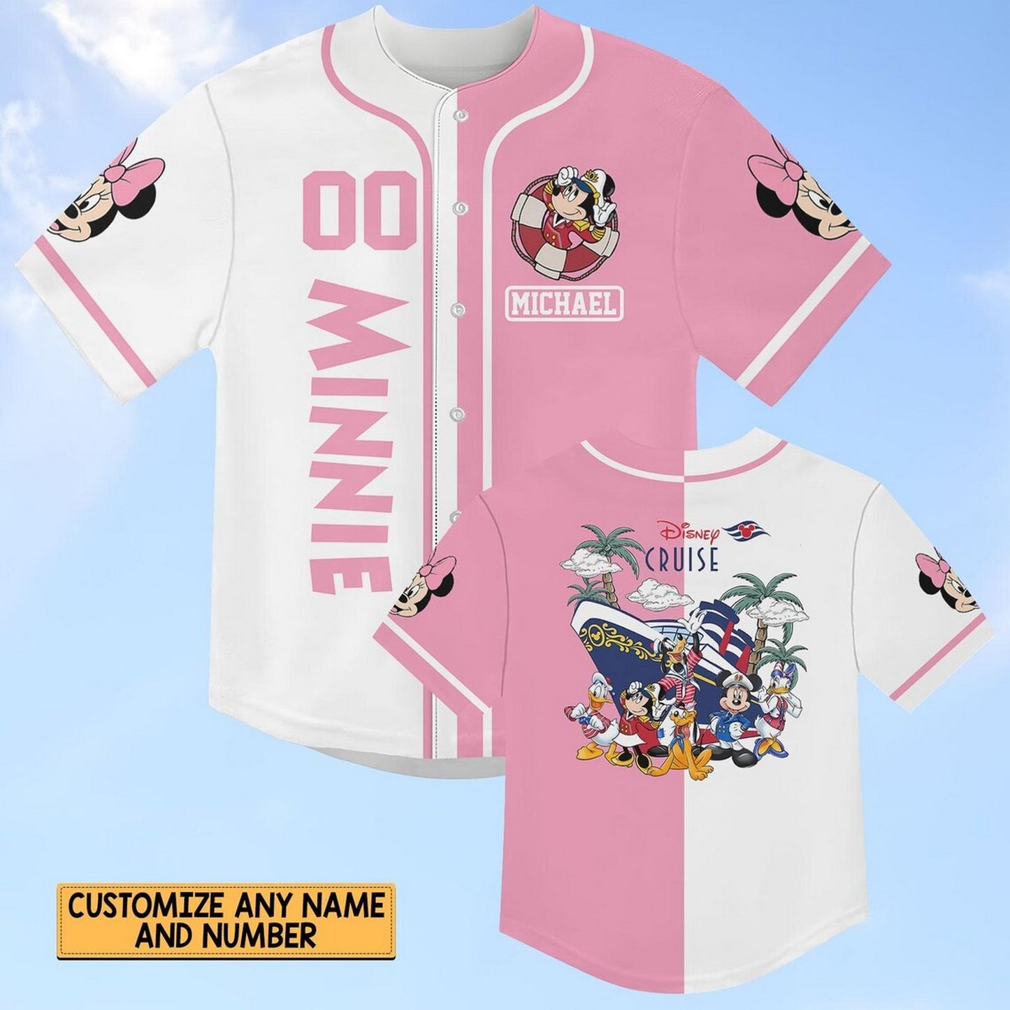 Custom Name And Number Disney Minne Mouse Cruise Pink White Baseball Jersey