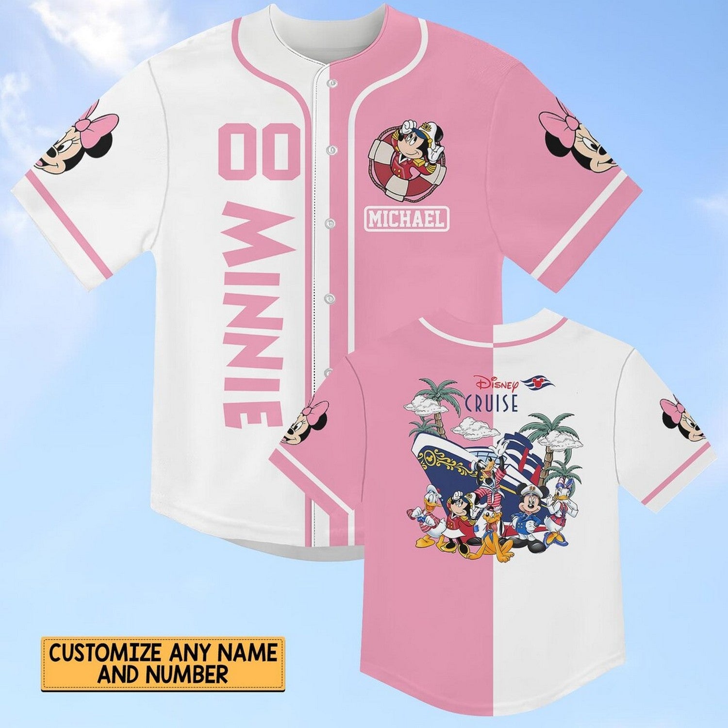 Custom Name And Number Disney Minne Mouse Cruise Pink White Baseball Jersey