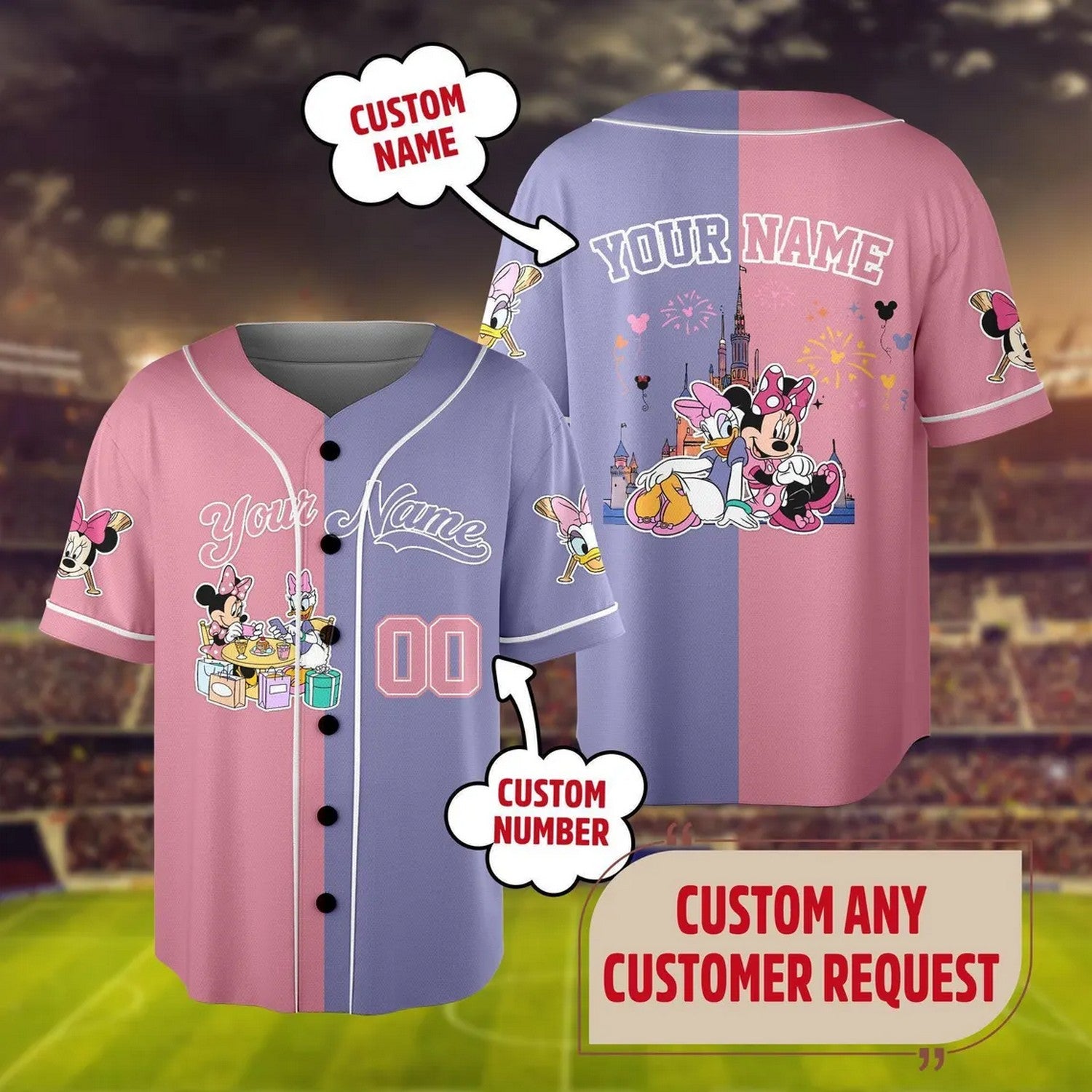 Custom Name And Number Disney Minnie And Daisy Pink Purple Baseball Jersey