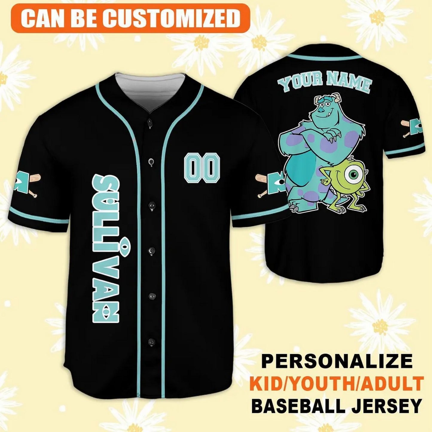 Custom Name And Number Disney Monster Inc Sullivan Simple Black Baseball Jersey