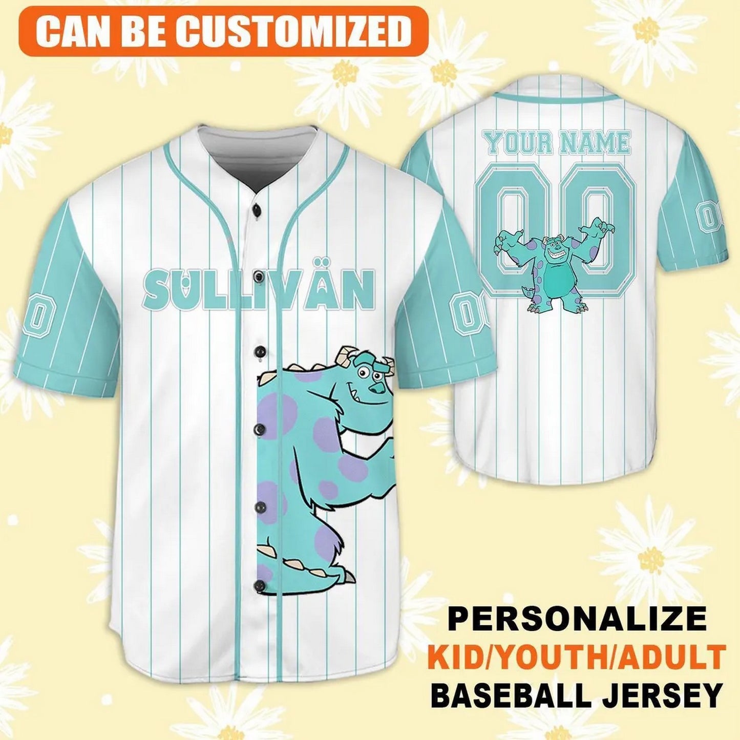 Custom Name And Number Disney Monster Inc Sullivan Striped Blue White Baseball Jersey