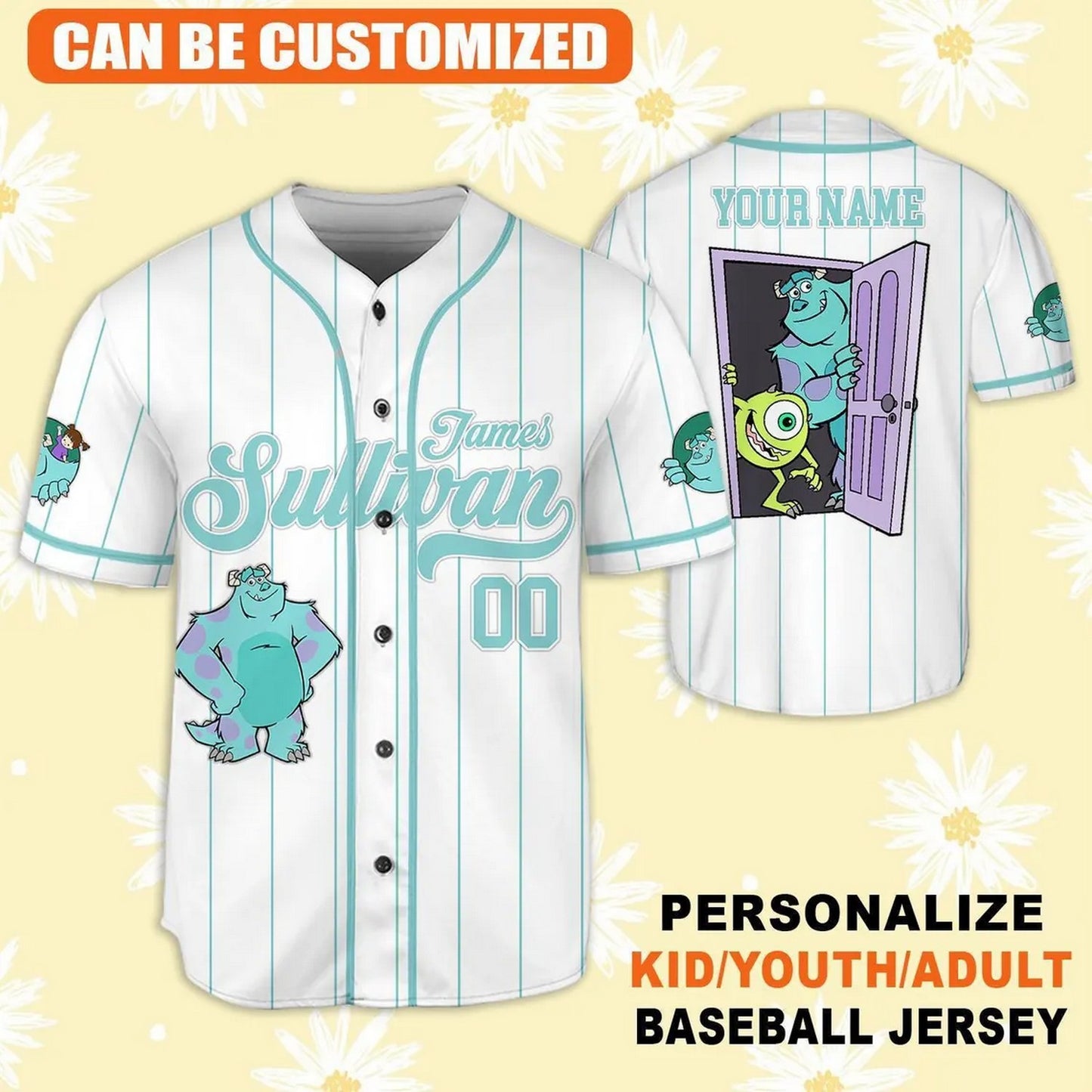 Custom Name And Number Disney Monster Inc Sullivan Striped White Baseball Jersey