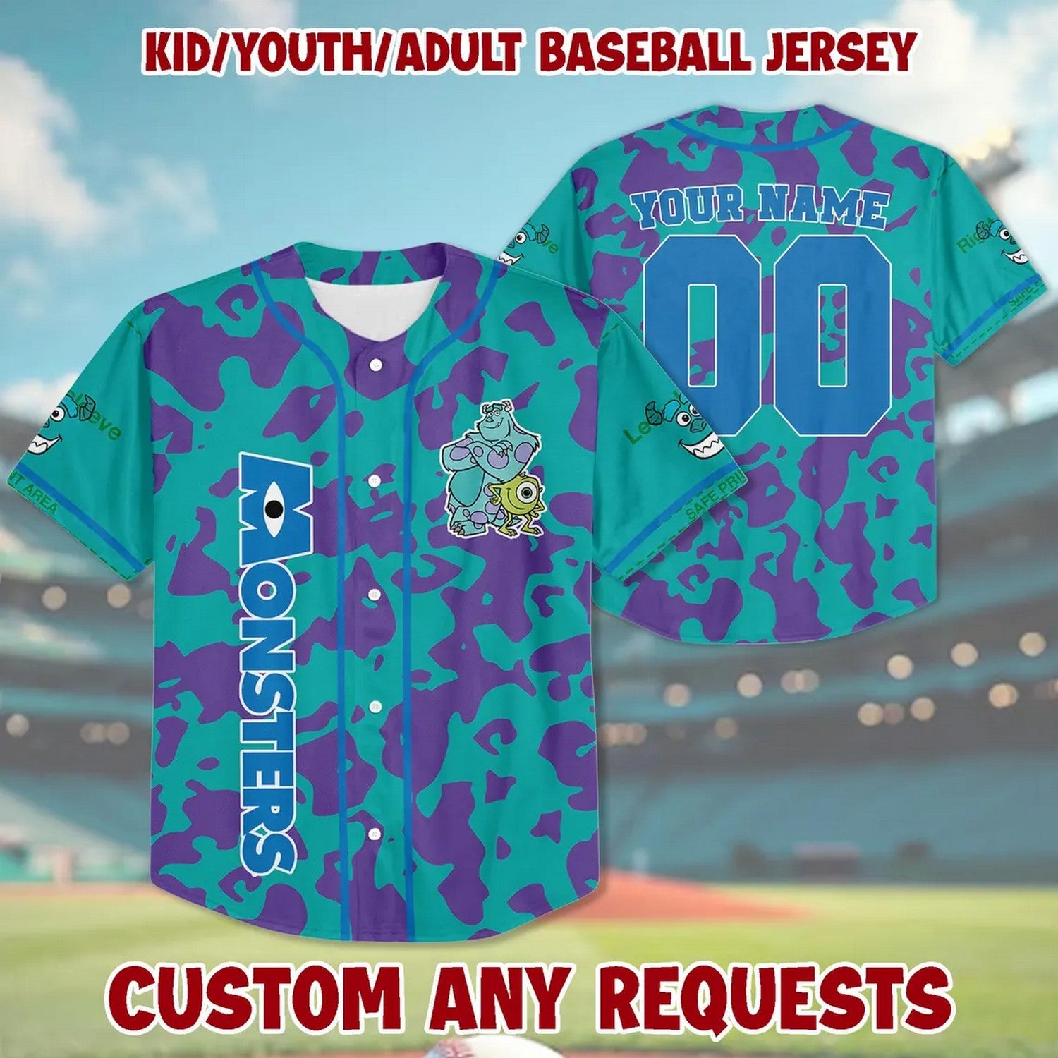 Custom Name And Number Disney Monsters Inc Sullivan Blue Baseball Jersey
