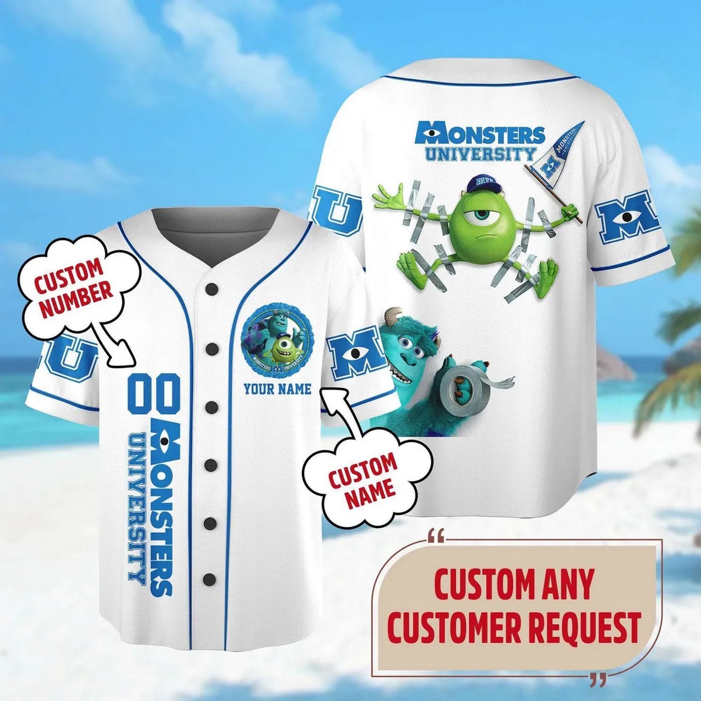 Custom Name And Number Disney Monsters Inc University Simple White Baseball Jersey