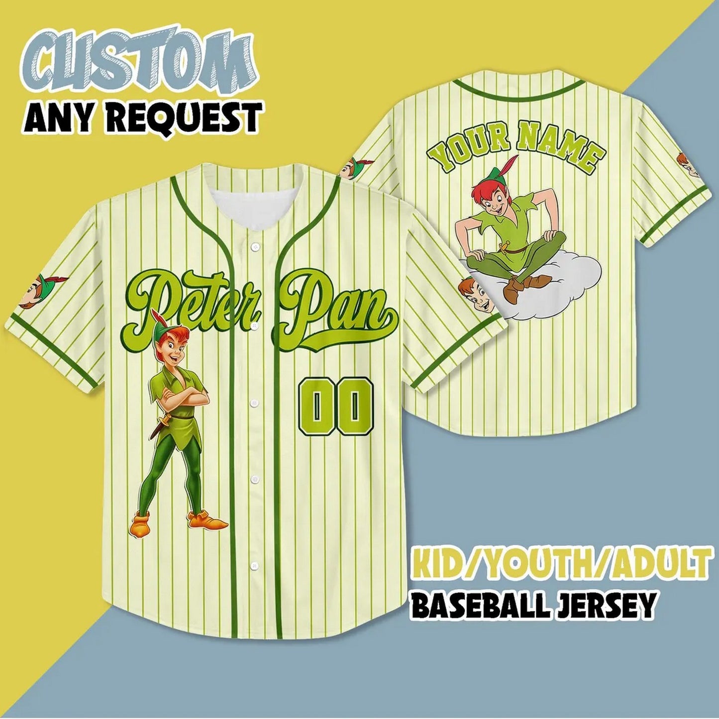 Custom Name And Number Disney Peter Pan Baseball Jersey