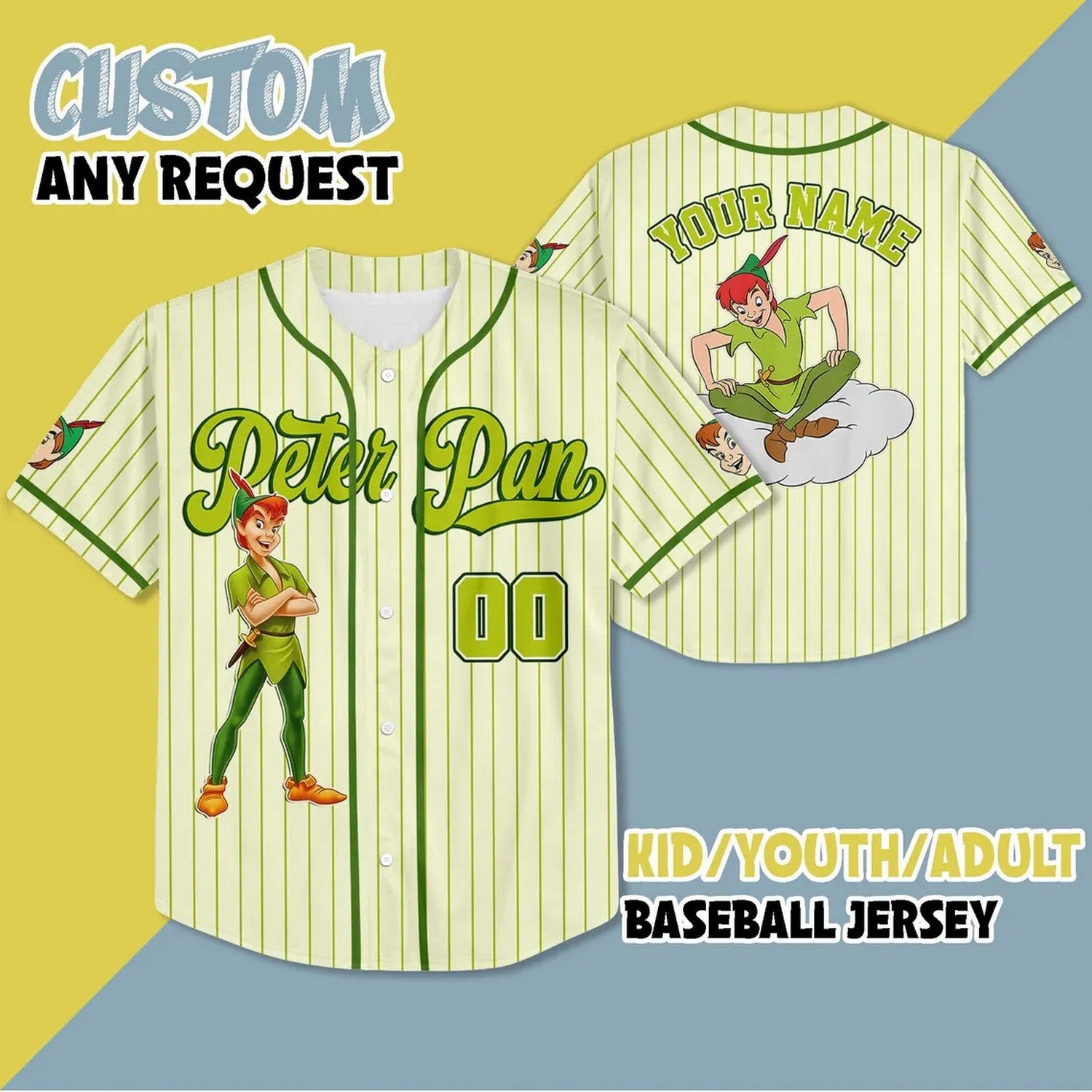 Custom Name And Number Disney Peter Pan Baseball Jersey
