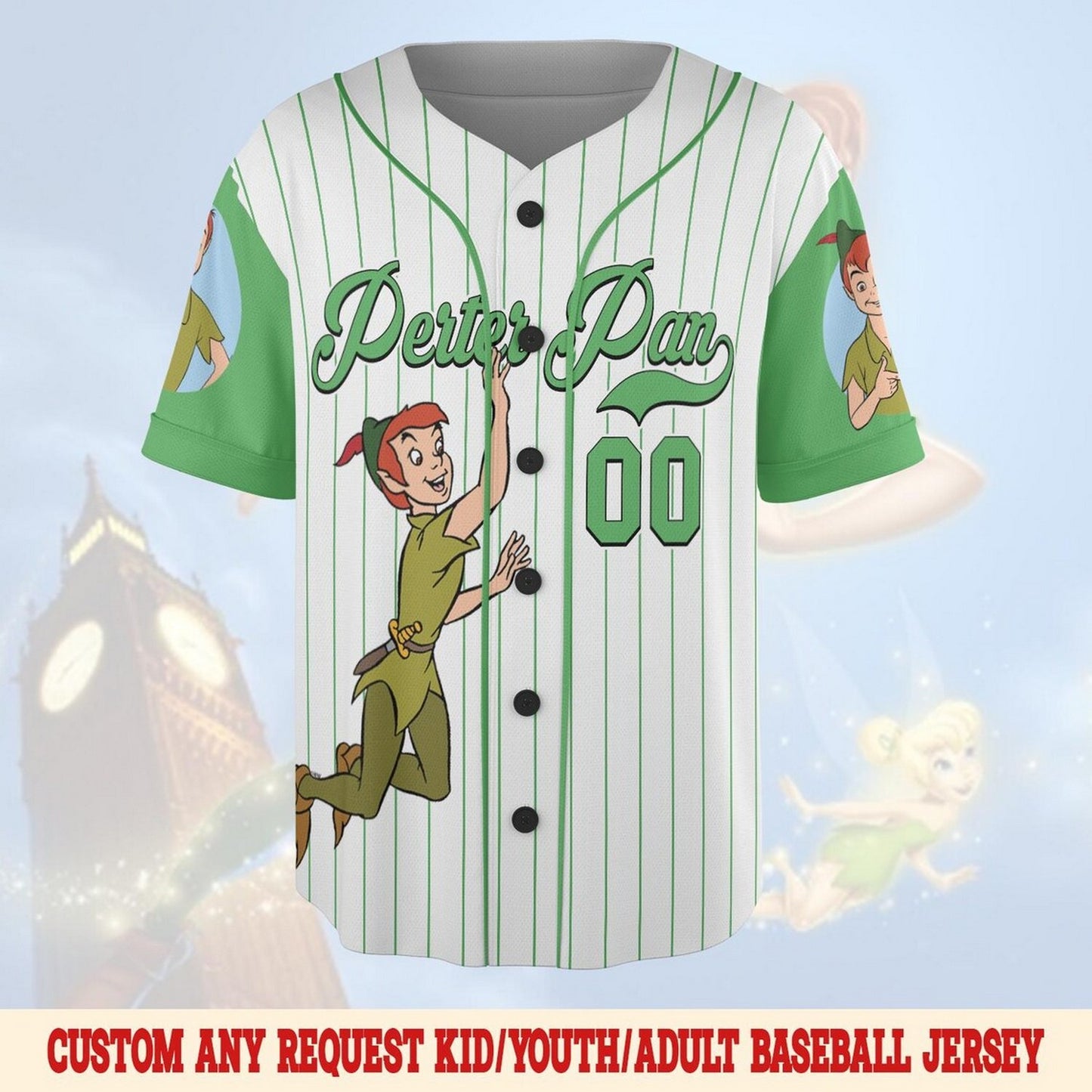 Custom Name And Number Disney Peter Pan Striped Green White Baseball Jersey
