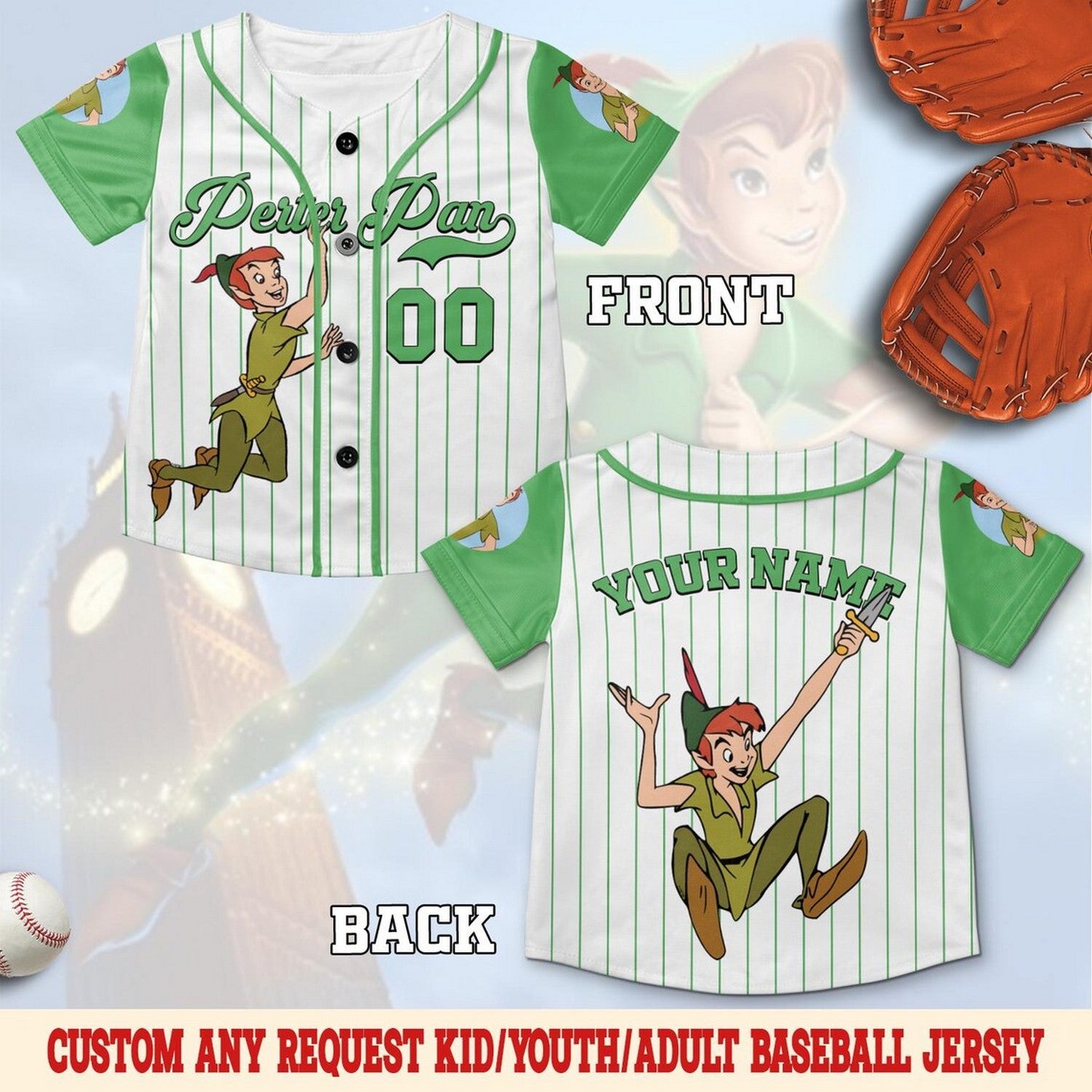 Custom Name And Number Disney Peter Pan Striped Green White Baseball Jersey
