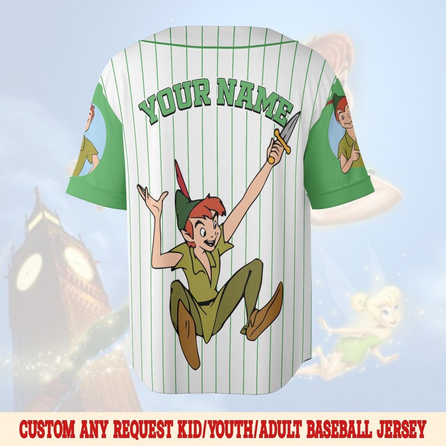 Custom Name And Number Disney Peter Pan Striped Green White Baseball Jersey