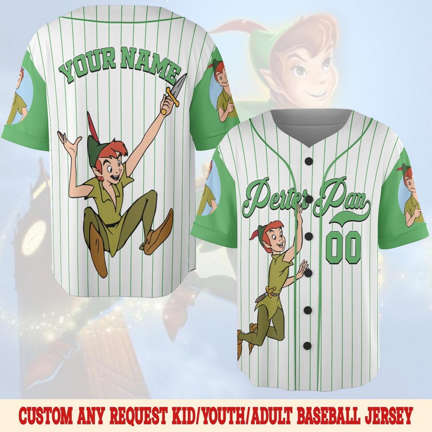 Custom Name And Number Disney Peter Pan Striped Green White Baseball Jersey