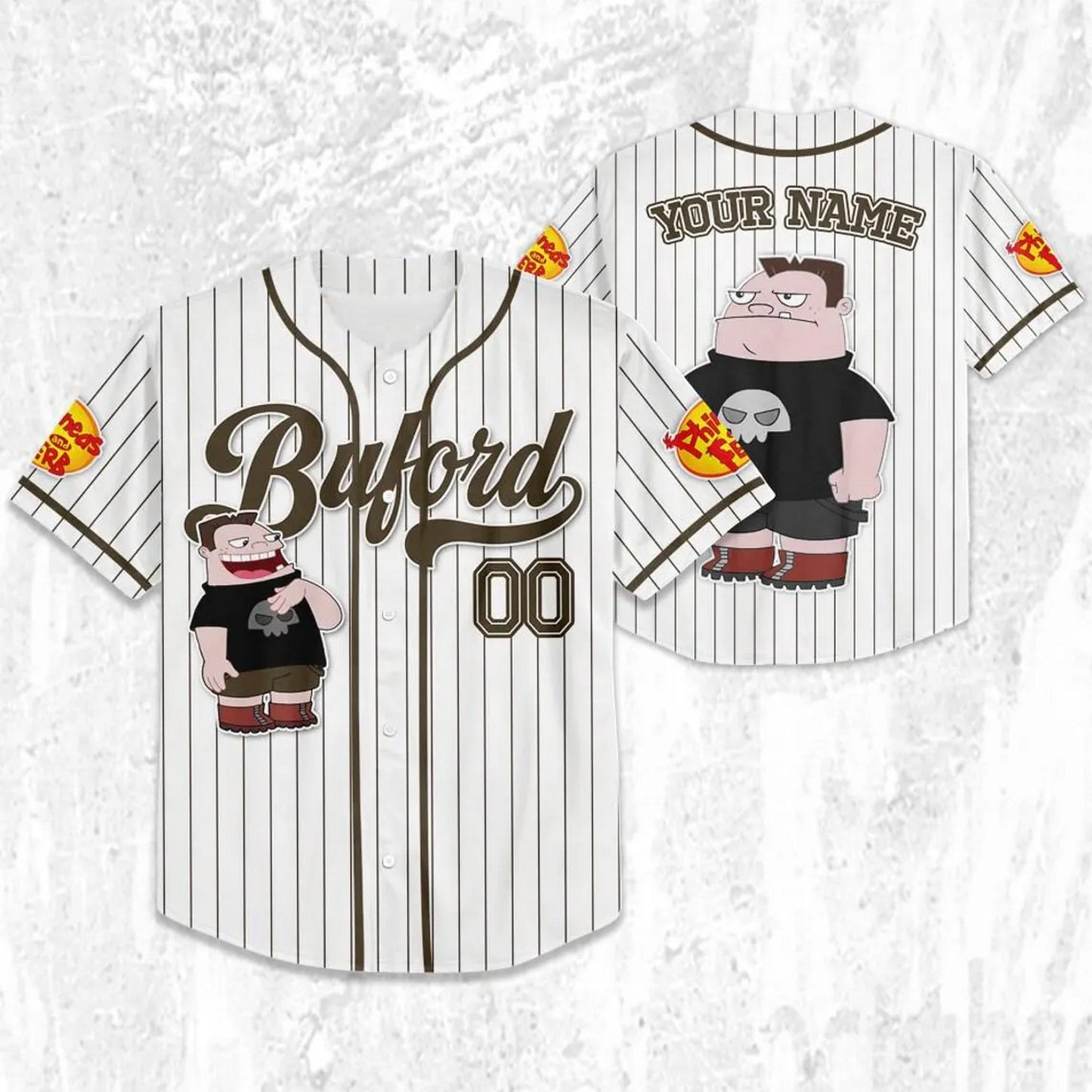 Custom Name And Number Disney Phineas And Ferb Buford Striped White Baseball Jersey