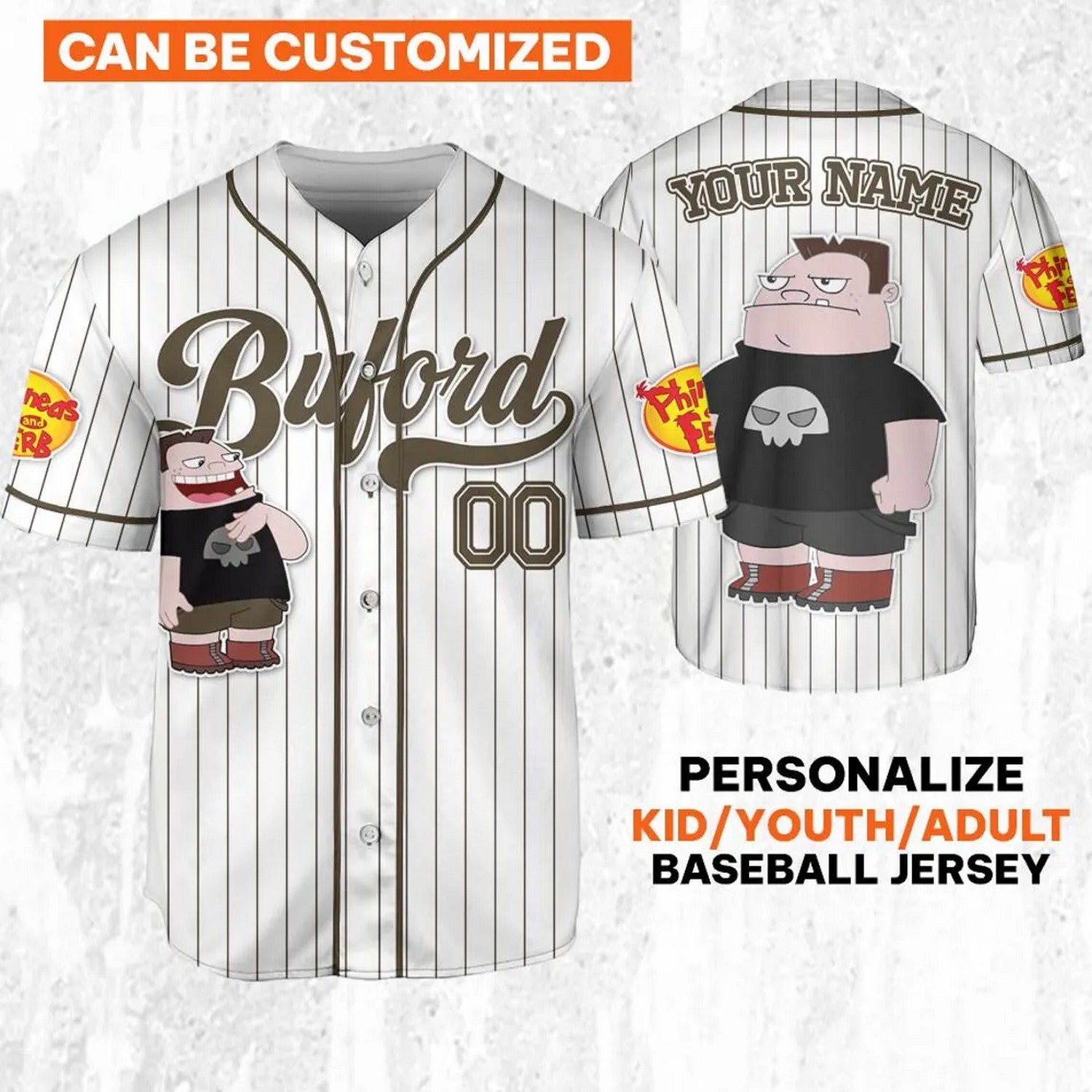 Custom Name And Number Disney Phineas And Ferb Buford Striped White Baseball Jersey