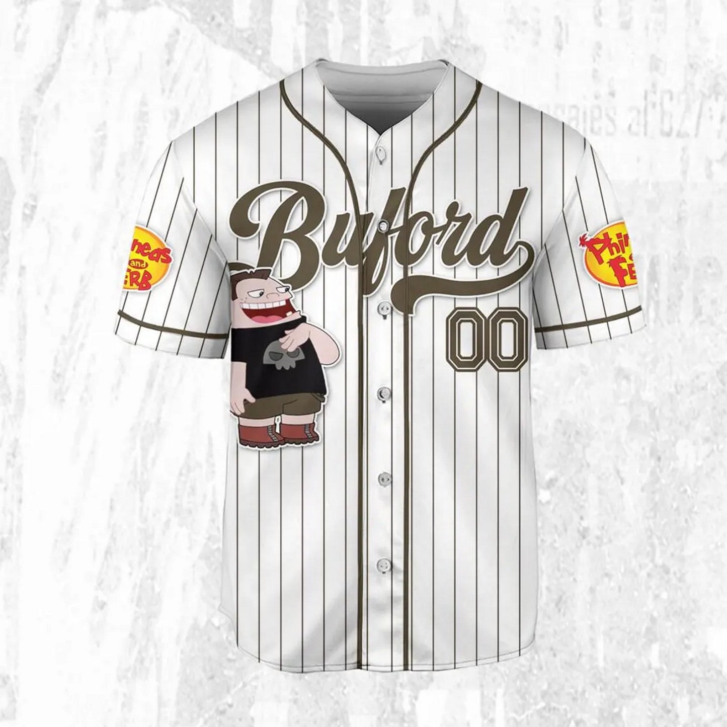 Custom Name And Number Disney Phineas And Ferb Buford Striped White Baseball Jersey