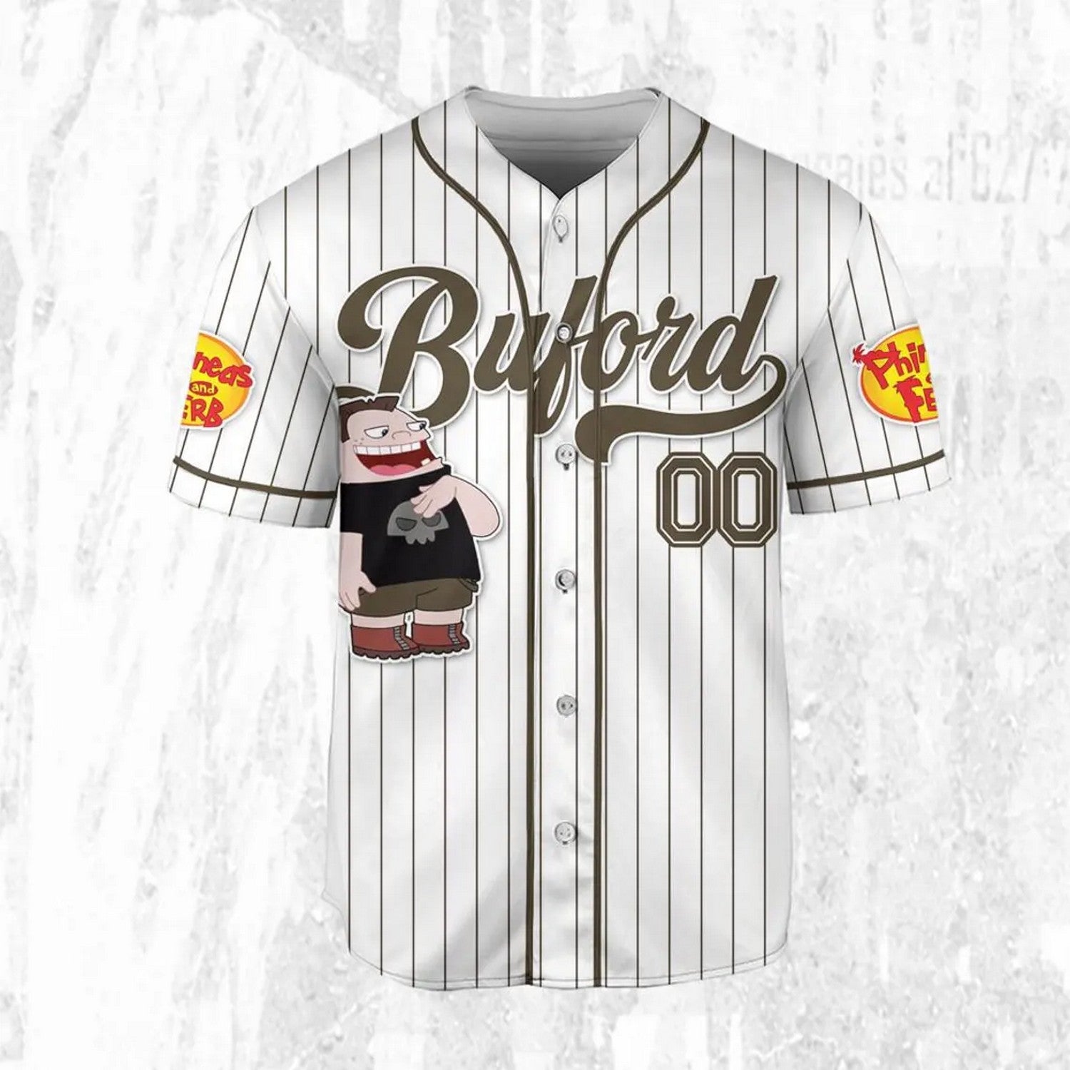 Custom Name And Number Disney Phineas And Ferb Buford Striped White Baseball Jersey