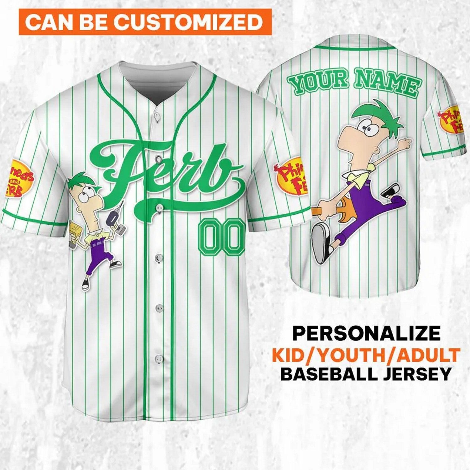 Custom Name And Number Disney Phineas And Ferb Ferb Striped White Baseball Jersey