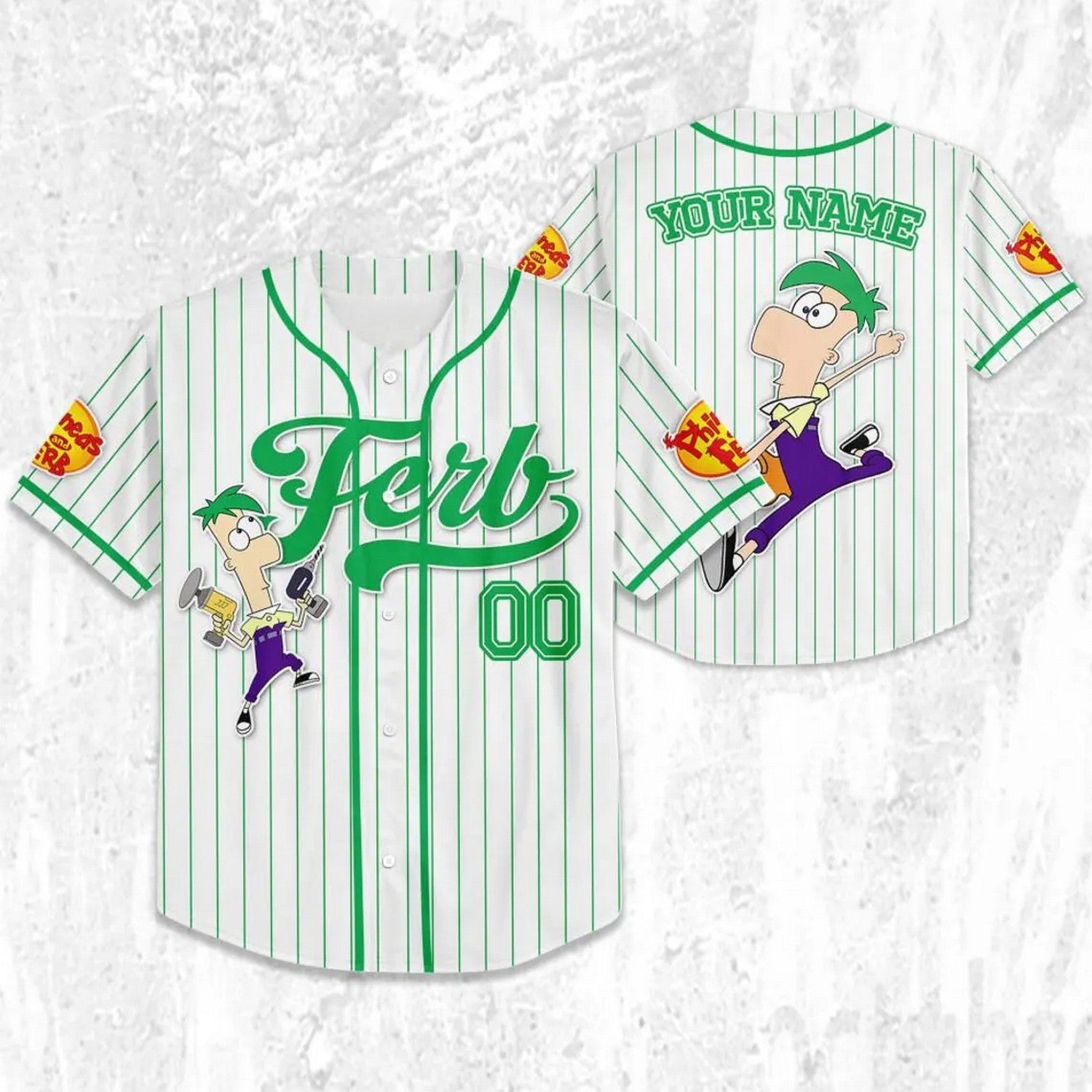 Custom Name And Number Disney Phineas And Ferb Ferb Striped White Baseball Jersey