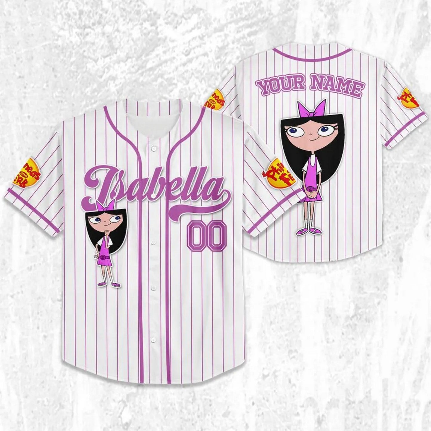Custom Name And Number Disney Phineas And Ferb Isabella Striped White Baseball Jersey