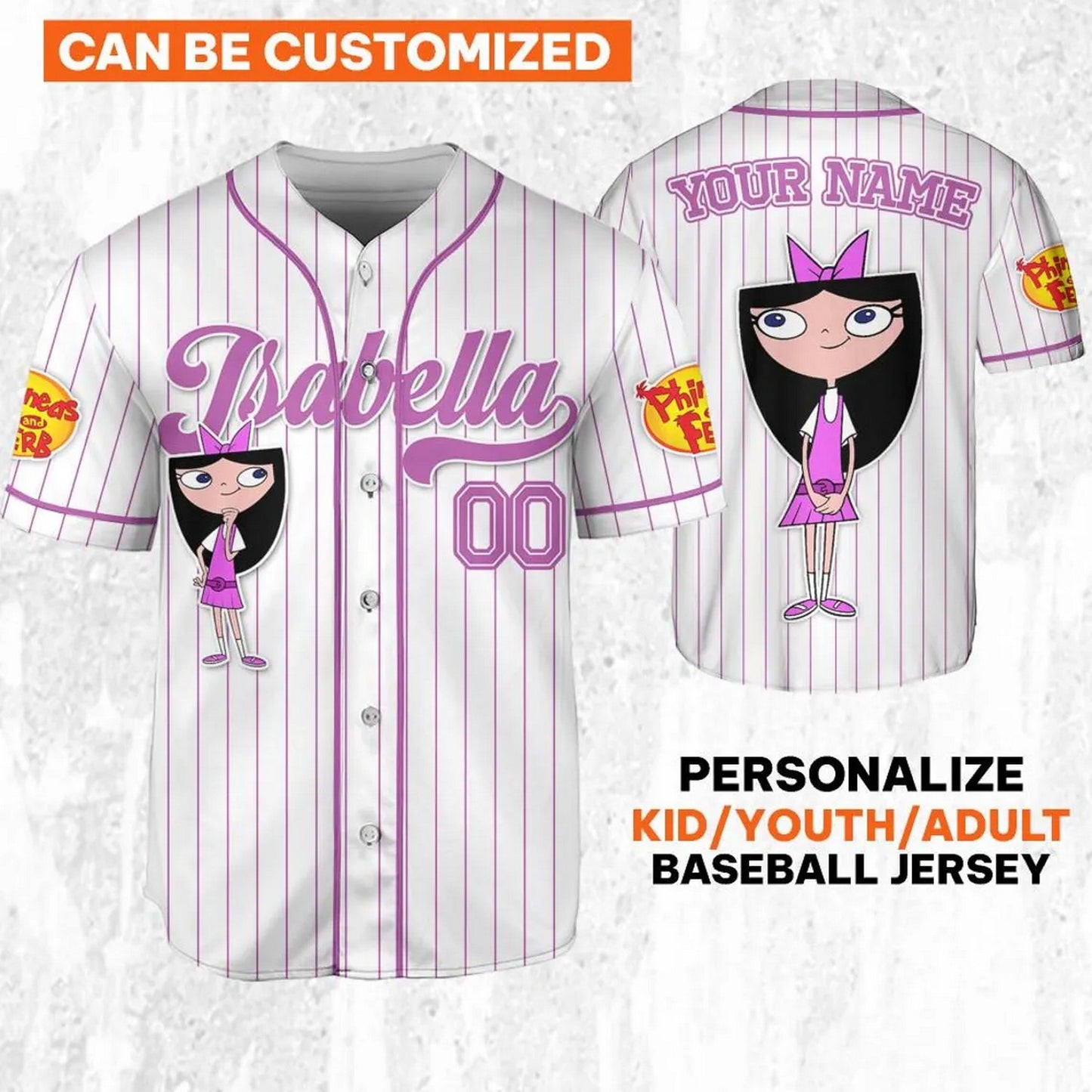 Custom Name And Number Disney Phineas And Ferb Isabella Striped White Baseball Jersey
