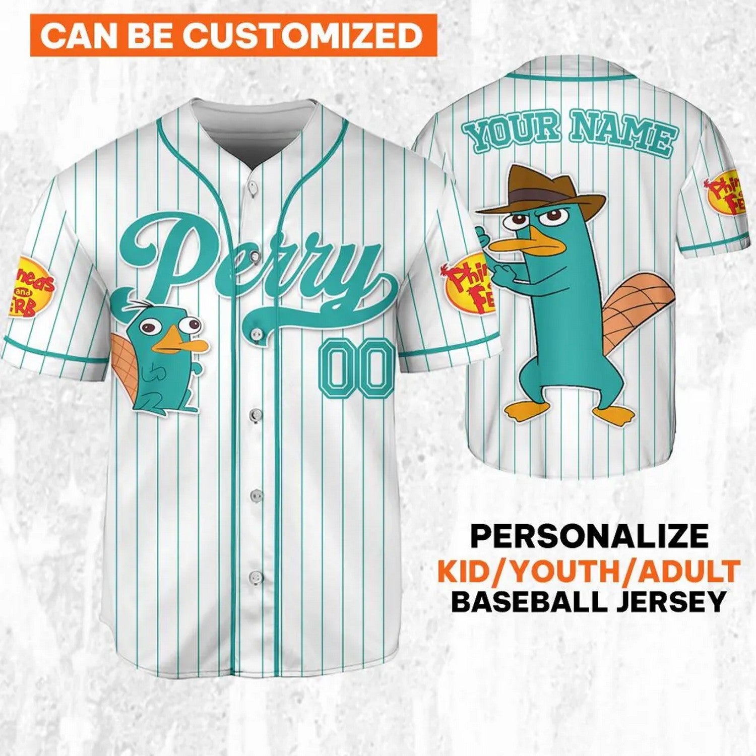 Custom Name And Number Disney Phineas And Ferb Perry Striped White Baseball Jersey
